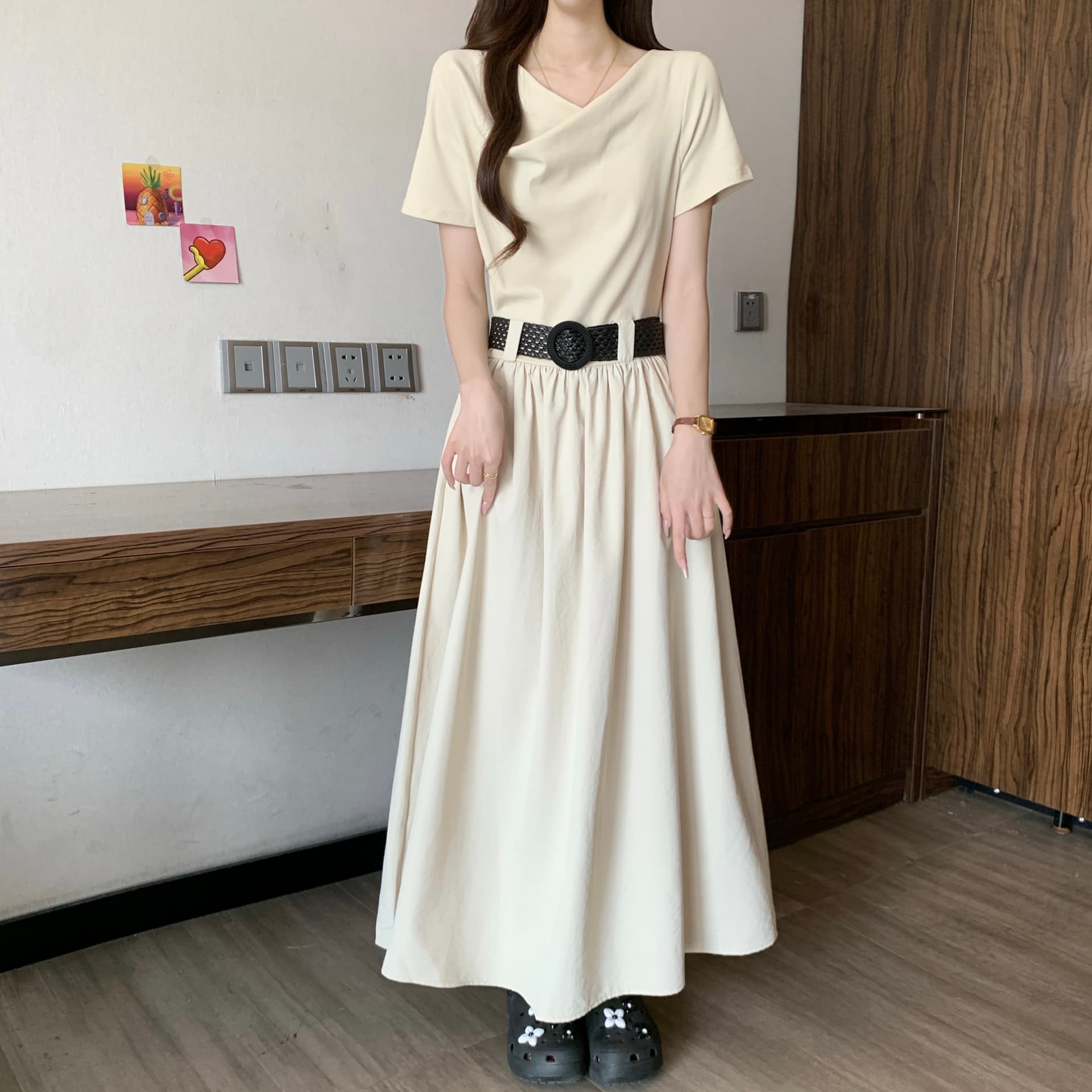 고급 센스 품격 흔들다 칼라 꼬집기 허리 긍정적 인 어깨 반팔 여성 드레스 여름 새로운 지방 mm 몸매 가꾸기 슬림해 보이는 한 마디 롱 스커트 상세 이미지 14