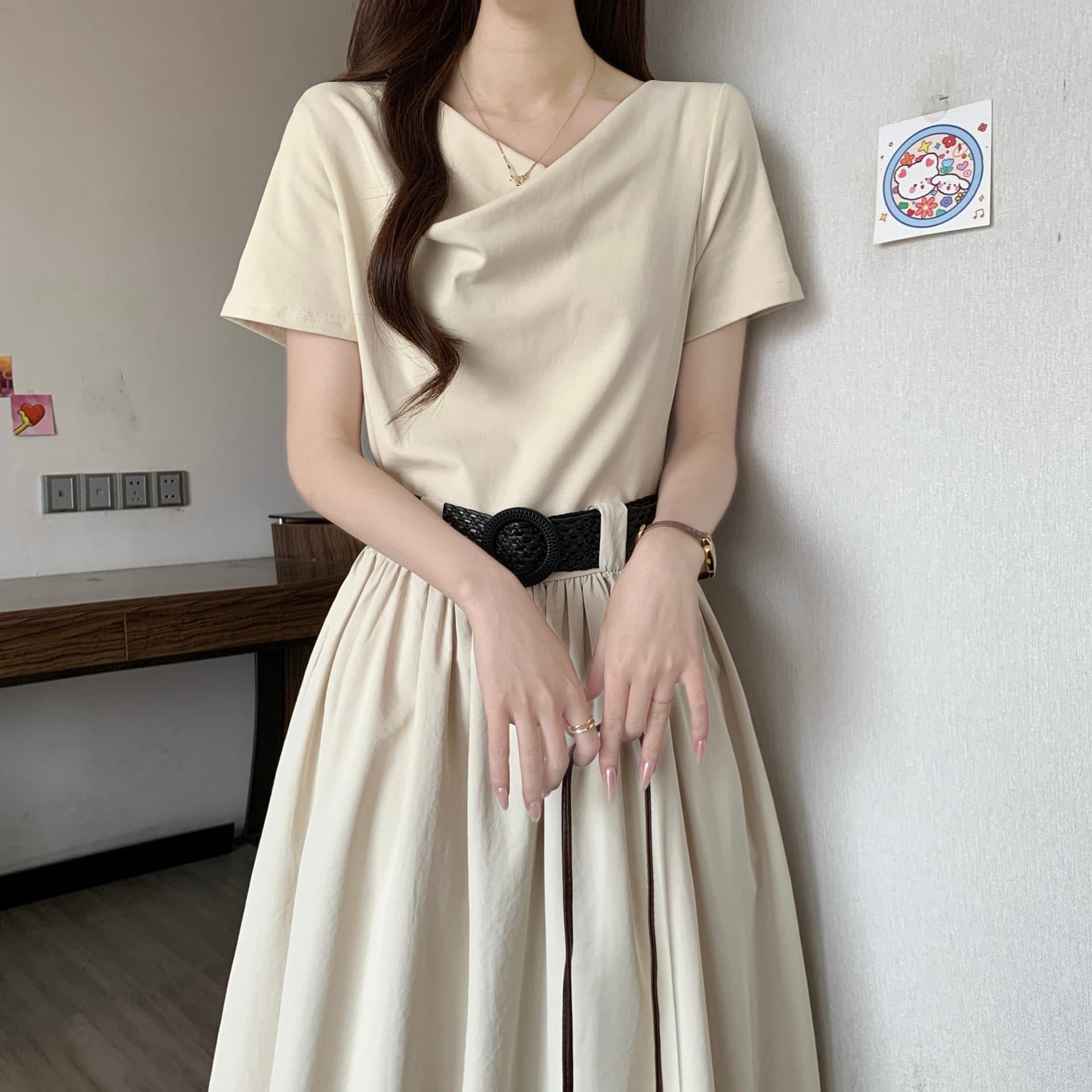 고급 센스 품격 흔들다 칼라 꼬집기 허리 긍정적 인 어깨 반팔 여성 드레스 여름 새로운 지방 mm 몸매 가꾸기 슬림해 보이는 한 마디 롱 스커트 상세 이미지 21