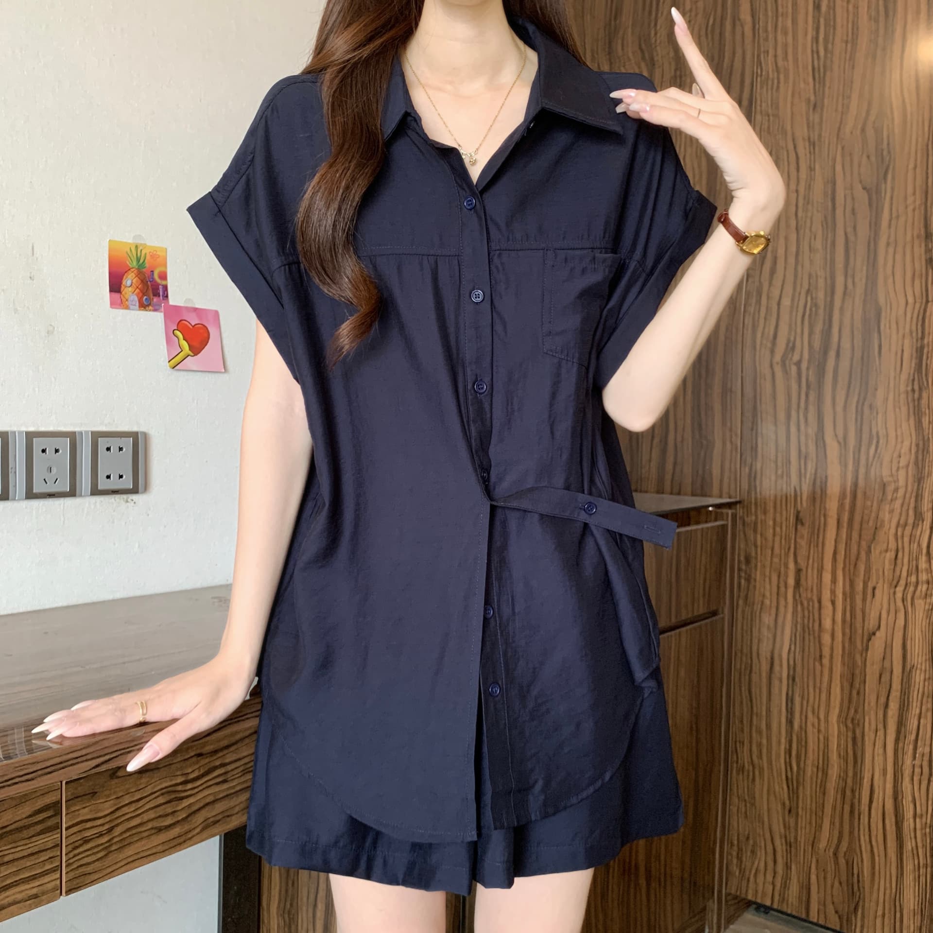 불규칙 패션 셔츠 세트 여성 여름 새로운 지방 mm 스트랩 허리 수축 슬림해 보이는 셔츠 와이드 레그 팬츠 투피스 세트 이미지 4