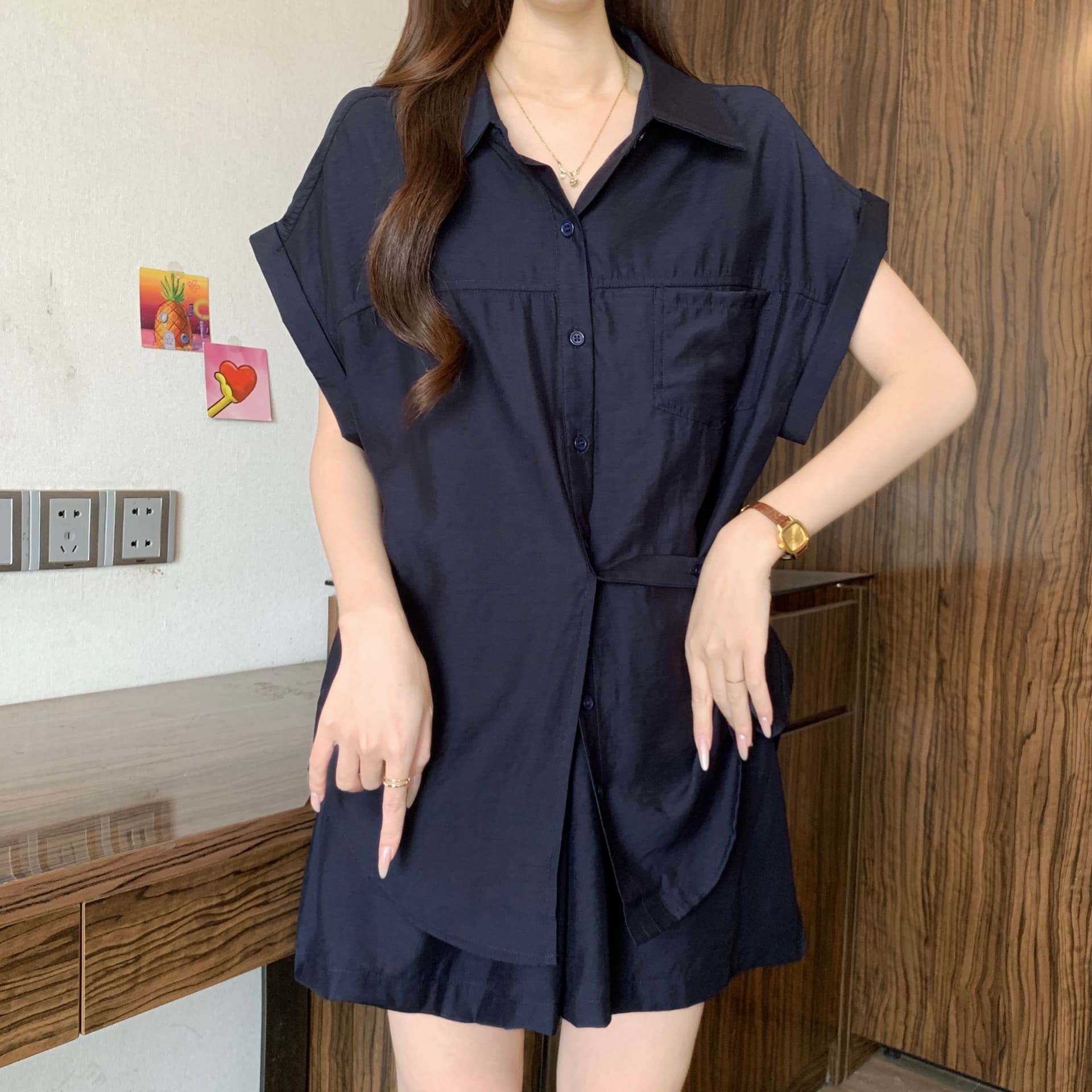 불규칙 패션 셔츠 세트 여성 여름 새로운 지방 mm 스트랩 허리 수축 슬림해 보이는 셔츠 와이드 레그 팬츠 투피스 세트 상세 이미지 8