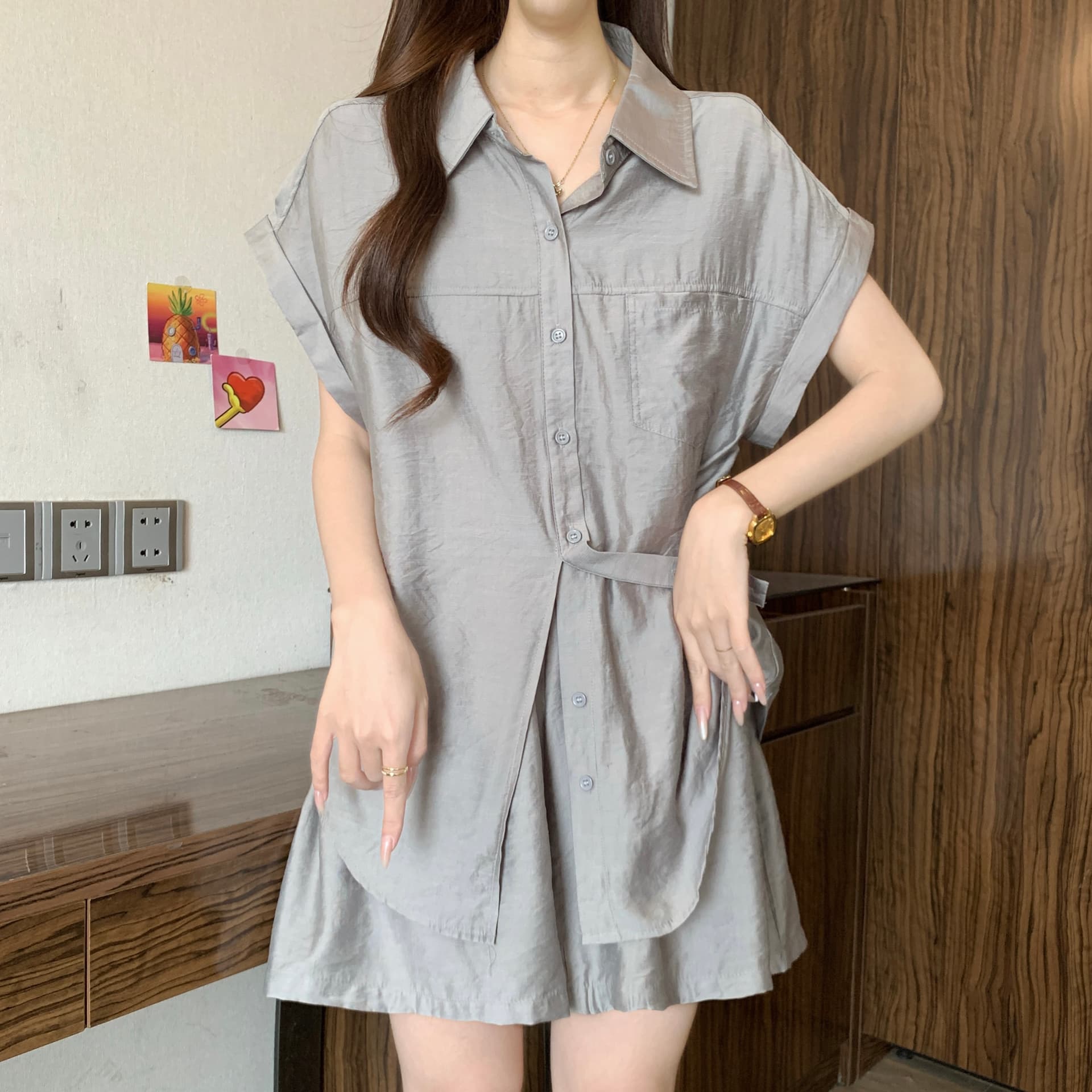 불규칙 패션 셔츠 세트 여성 여름 새로운 지방 mm 스트랩 허리 수축 슬림해 보이는 셔츠 와이드 레그 팬츠 투피스 세트 상세 이미지 18