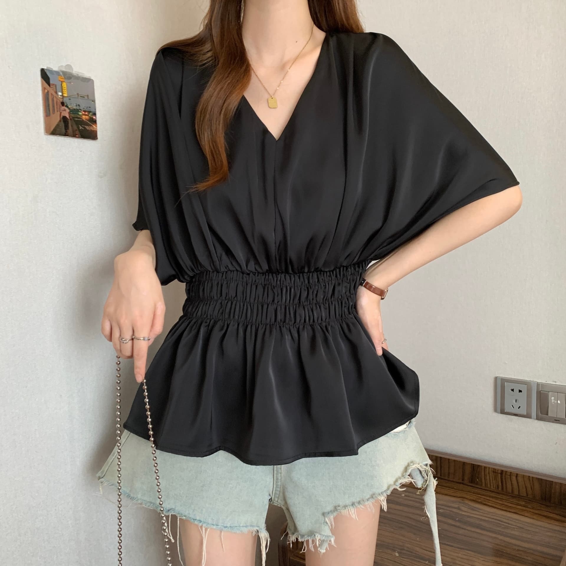 고급 센스 품격 아세트산 새틴 V넥 아세트산 여성 여름 새로운 지방 mm 허리 수축 슬림해 보이는 패션 다용도 맨위 상세 이미지 8