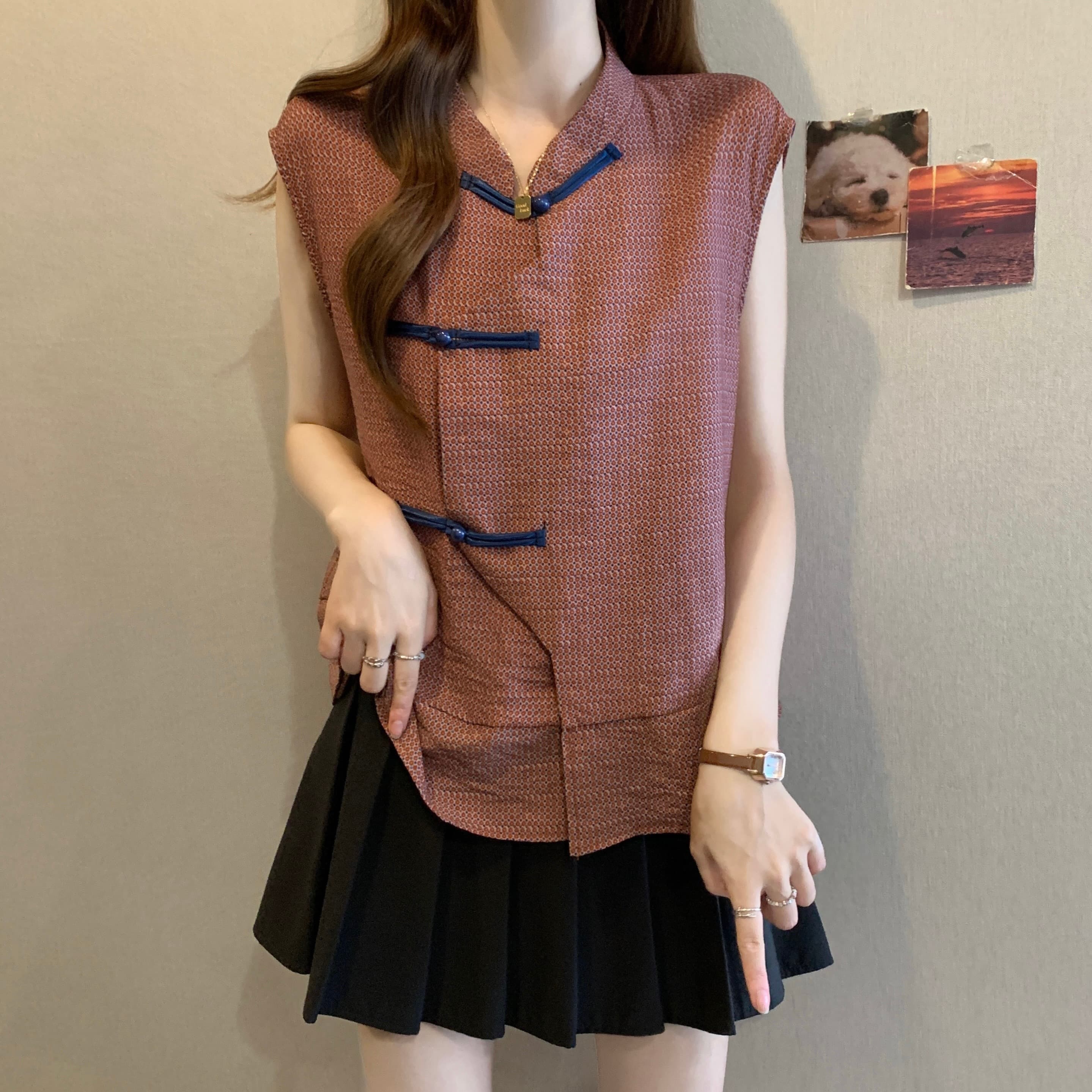 새로운 중식 국풍 단추 불규칙 민소매 여성 셔츠 여름 2026 새로운 지방 mm 레트로 연령 감소 슬림해 보이는 맨위 이미지 2