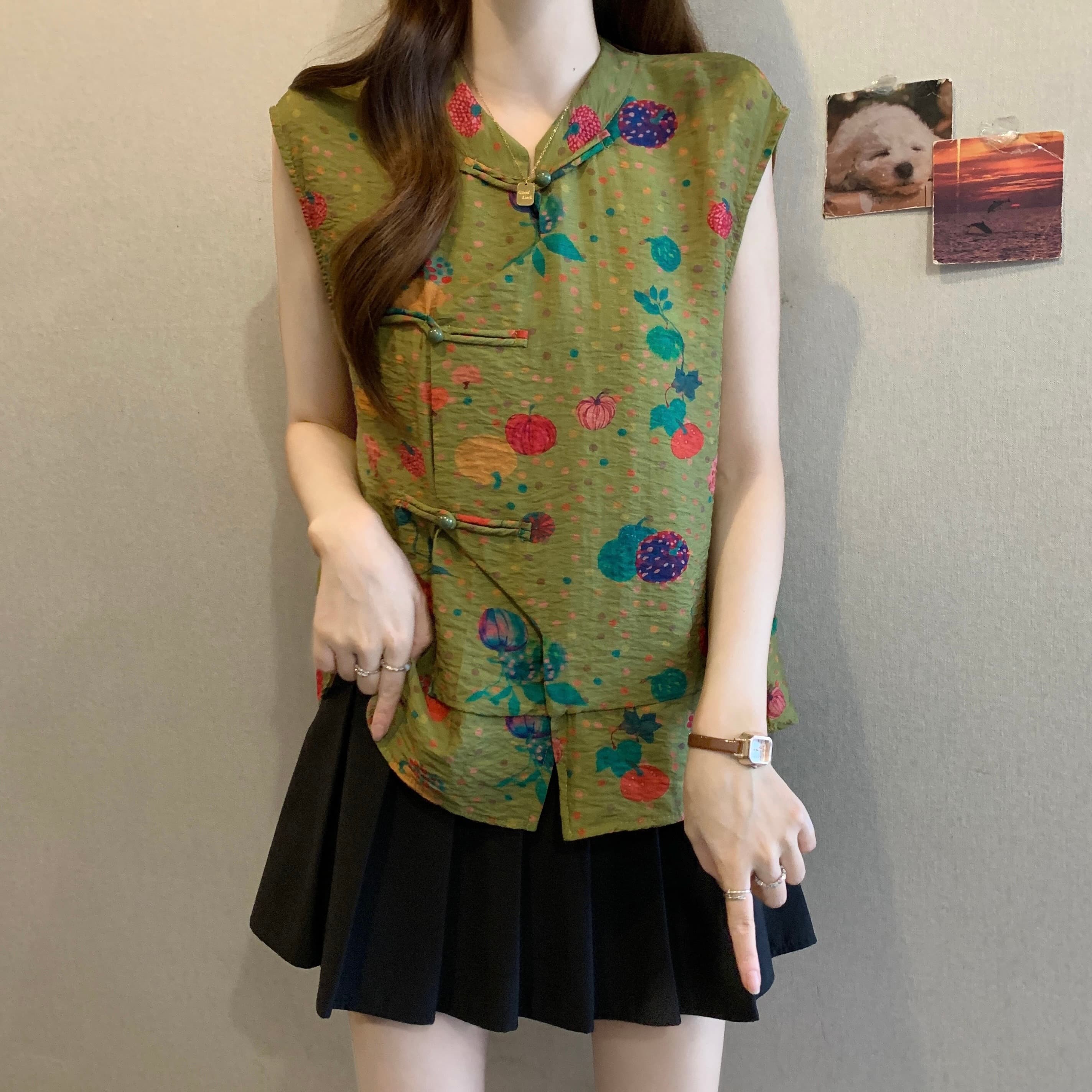 새로운 중식 레트로 단추 자카드 민소매 여성 셔츠 여름 새로운 지방 mm 품격 연령 감소 불규칙 슬림해 보이는 맨위 상세 이미지 3