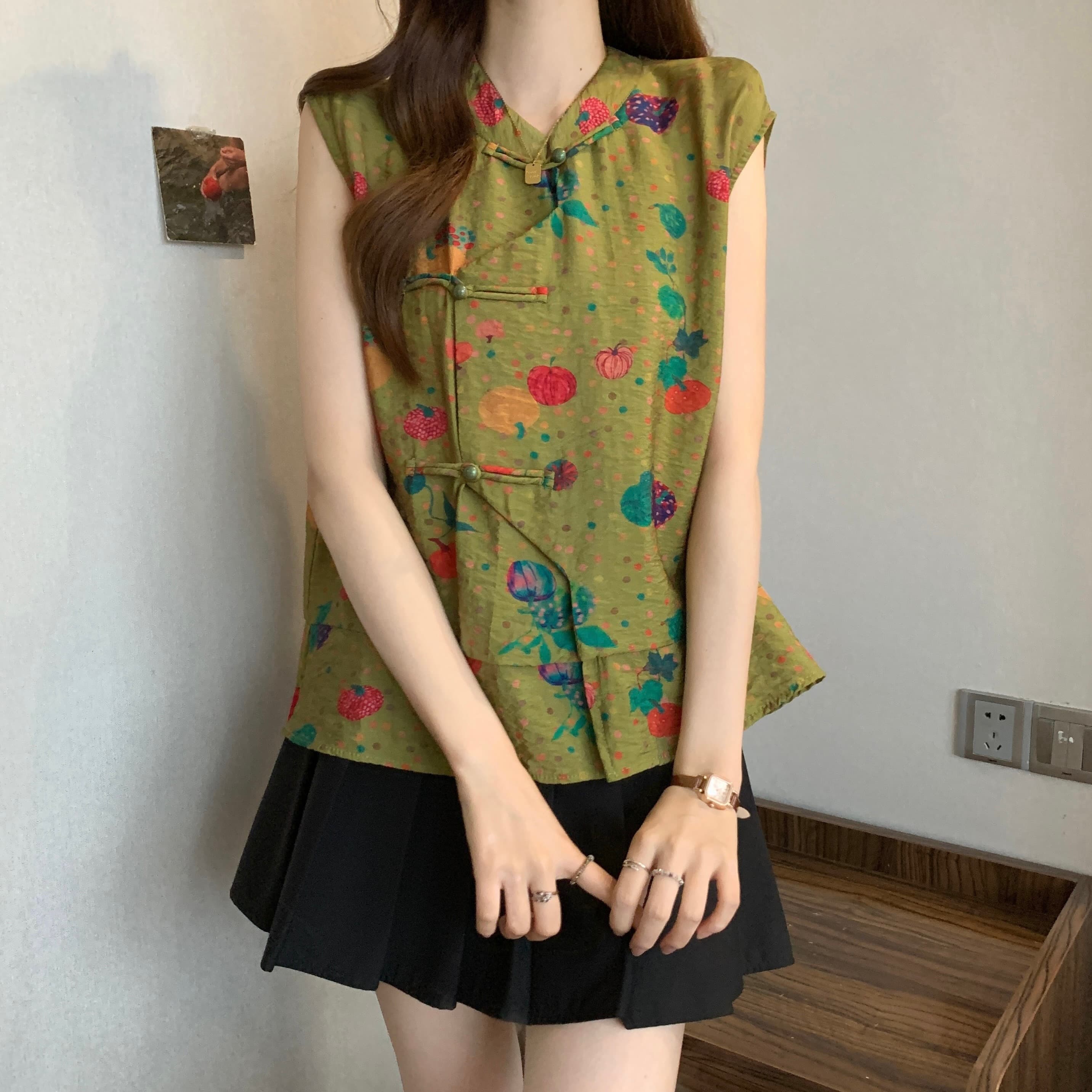 새로운 중식 레트로 단추 자카드 민소매 여성 셔츠 여름 새로운 지방 mm 품격 연령 감소 불규칙 슬림해 보이는 맨위 상세 이미지 11