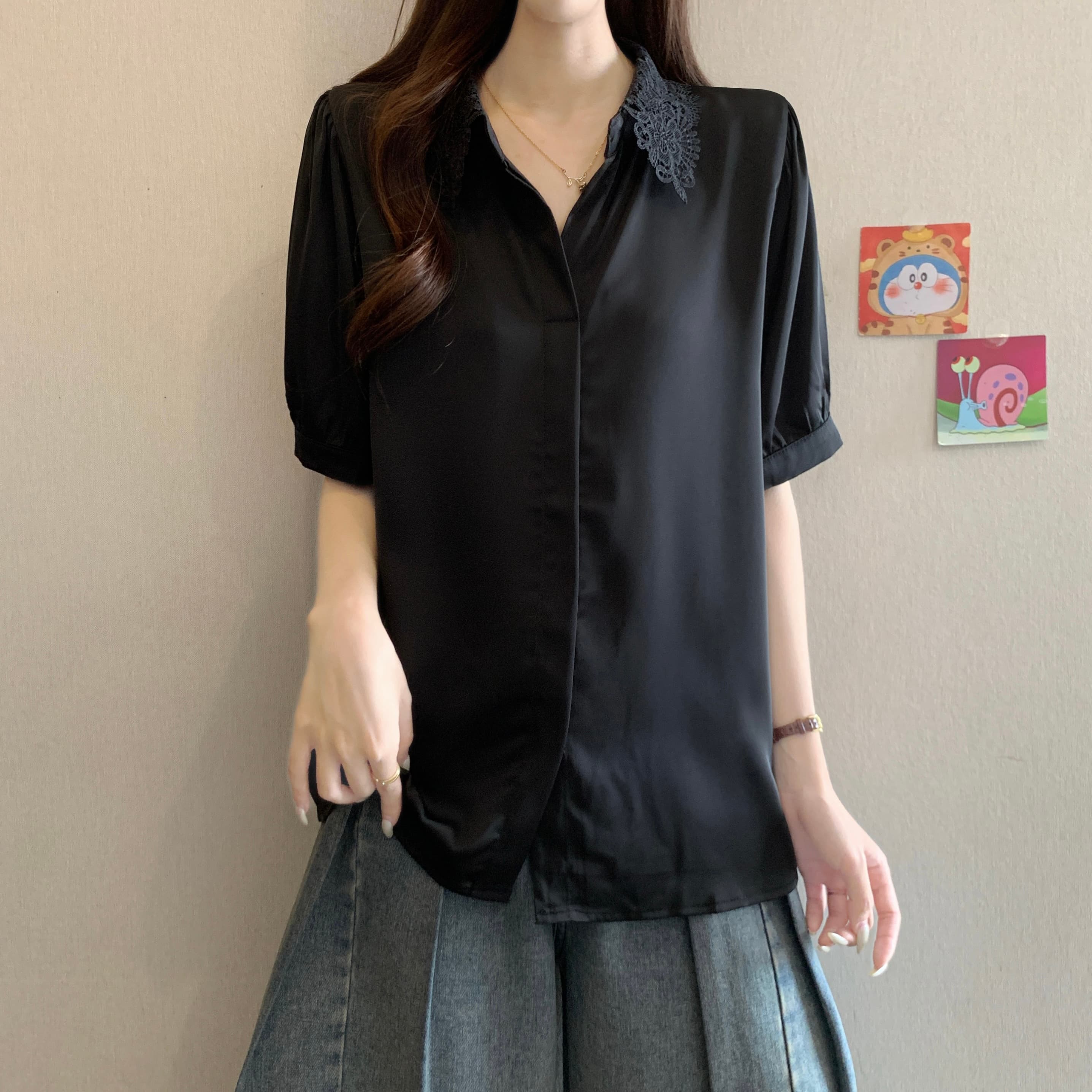 프랑스식 레이스 POLO 칼라 긍정적 인 어깨 반팔 여성 셔츠 여름 새로운 지방 mm 루즈핏 슬림해 보이는 품격 다용도 맨위 이미지 2