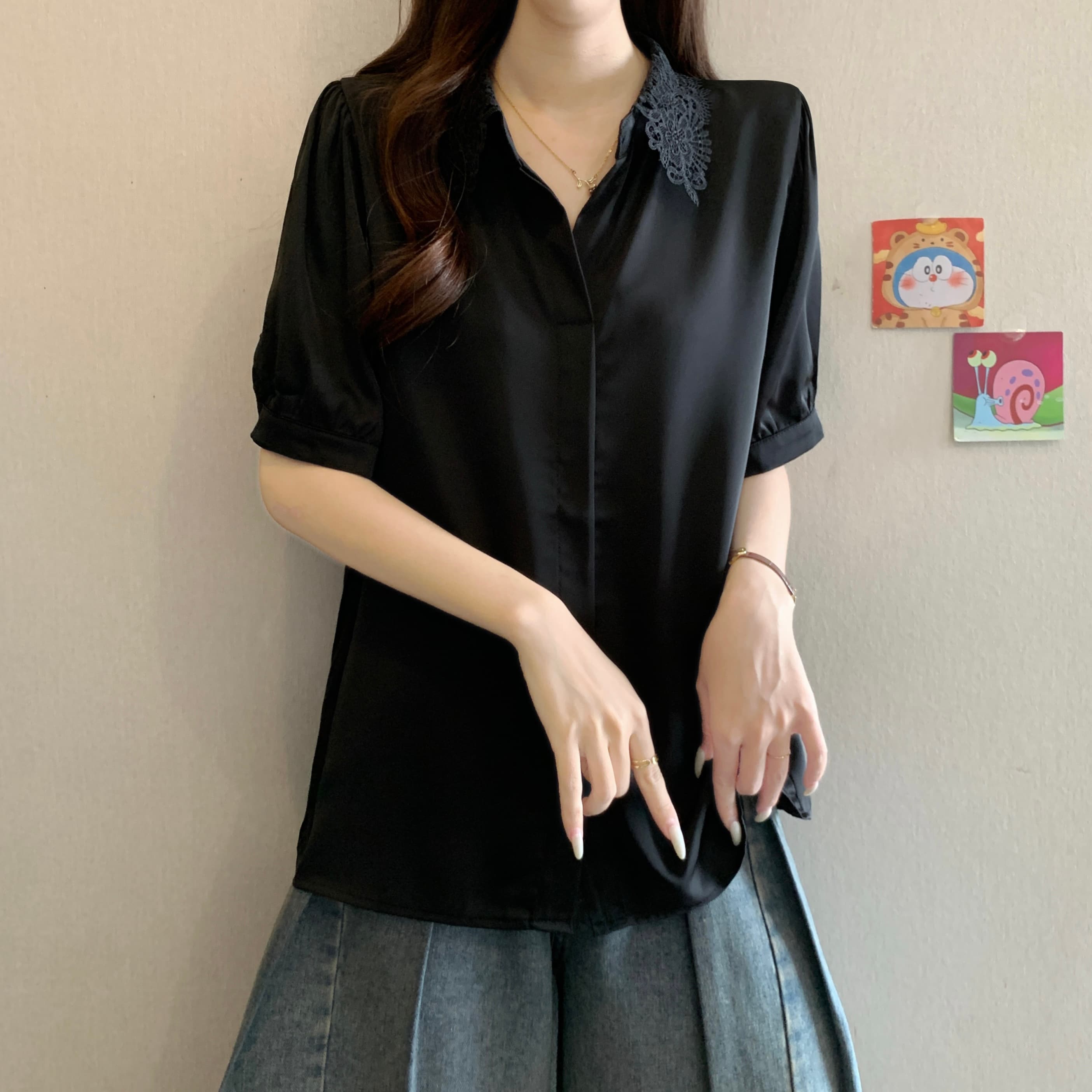 프랑스식 레이스 POLO 칼라 긍정적 인 어깨 반팔 여성 셔츠 여름 새로운 지방 mm 루즈핏 슬림해 보이는 품격 다용도 맨위 이미지 3