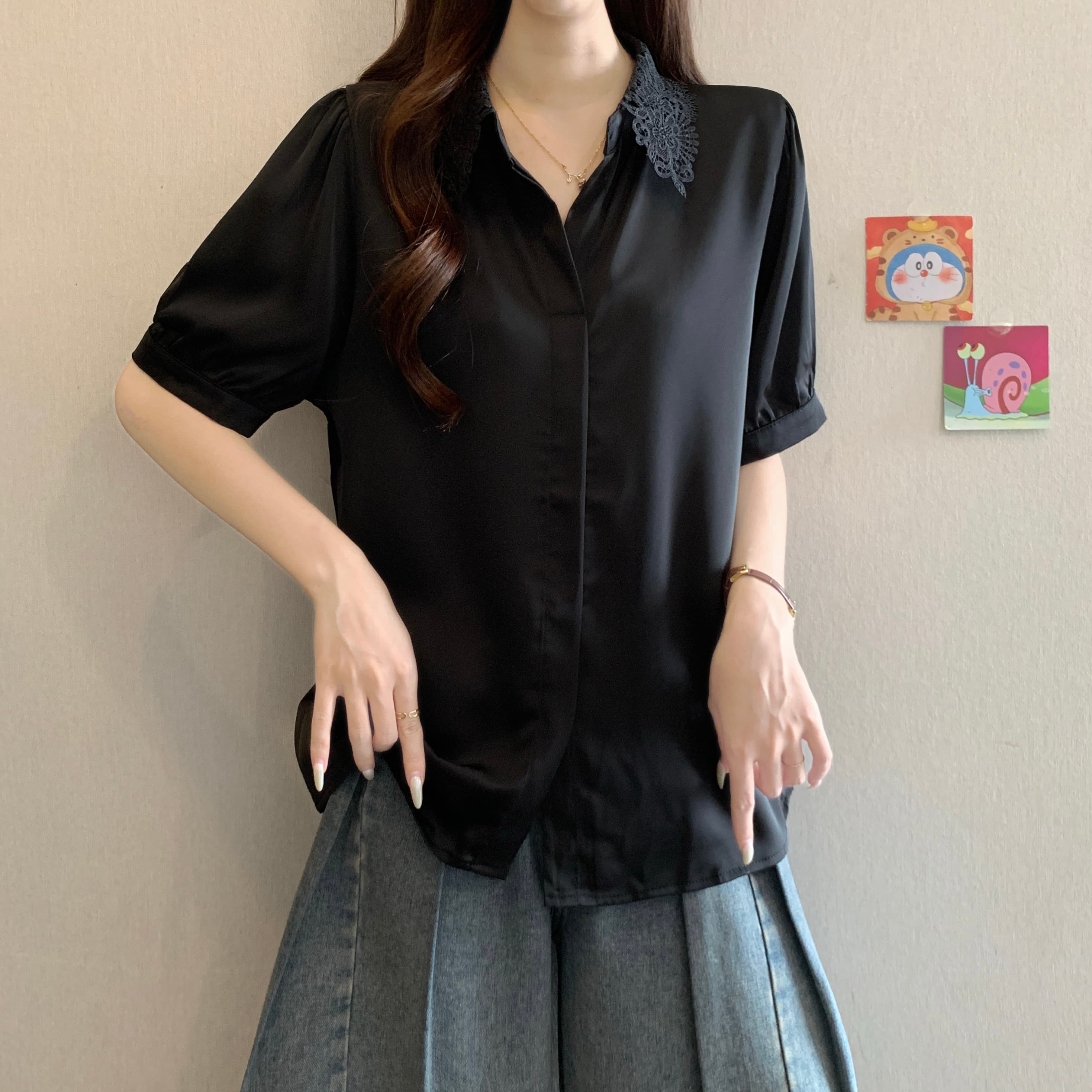 프랑스식 레이스 POLO 칼라 긍정적 인 어깨 반팔 여성 셔츠 여름 새로운 지방 mm 루즈핏 슬림해 보이는 품격 다용도 맨위 이미지 4