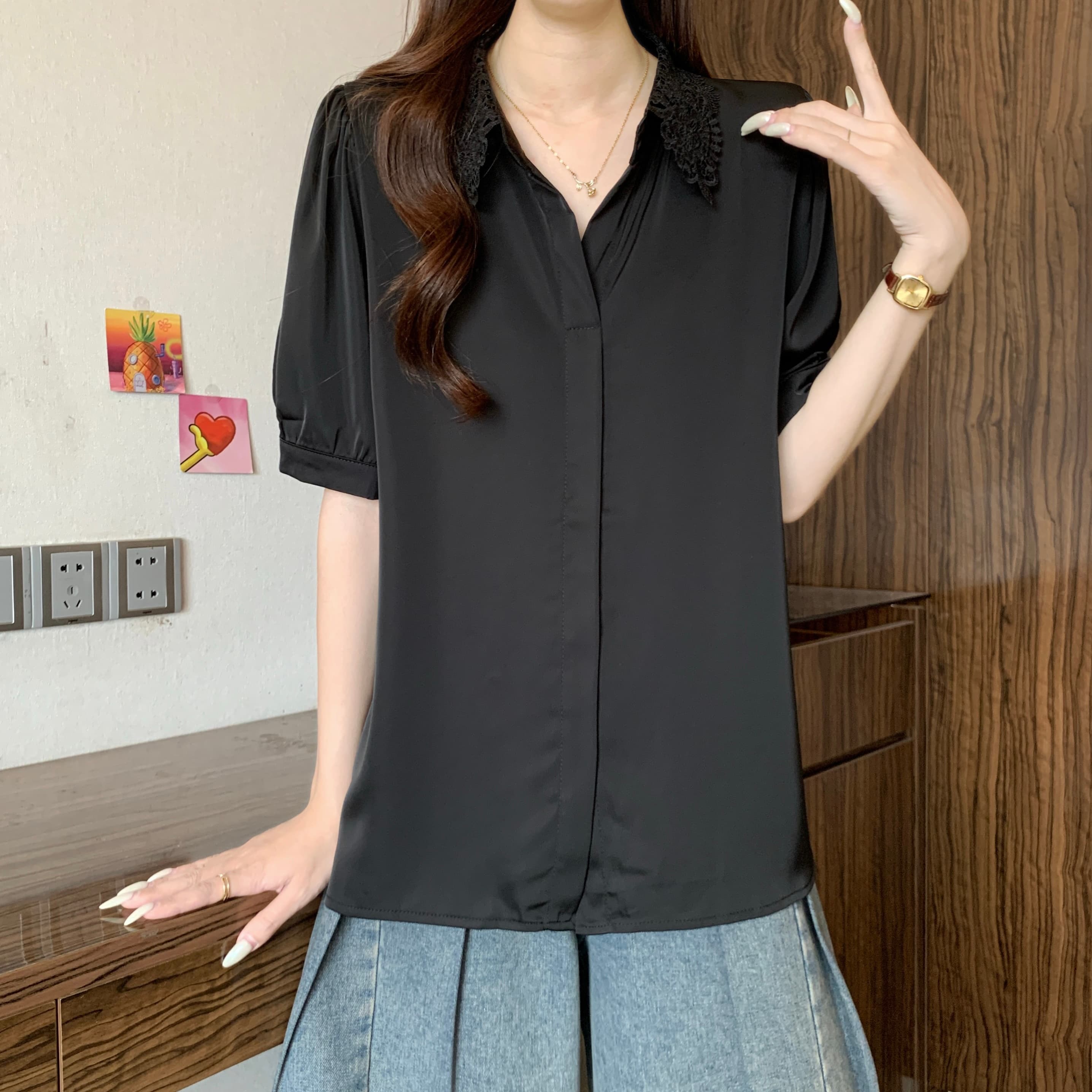 프랑스식 레이스 POLO 칼라 긍정적 인 어깨 반팔 여성 셔츠 여름 새로운 지방 mm 루즈핏 슬림해 보이는 품격 다용도 맨위 이미지 5