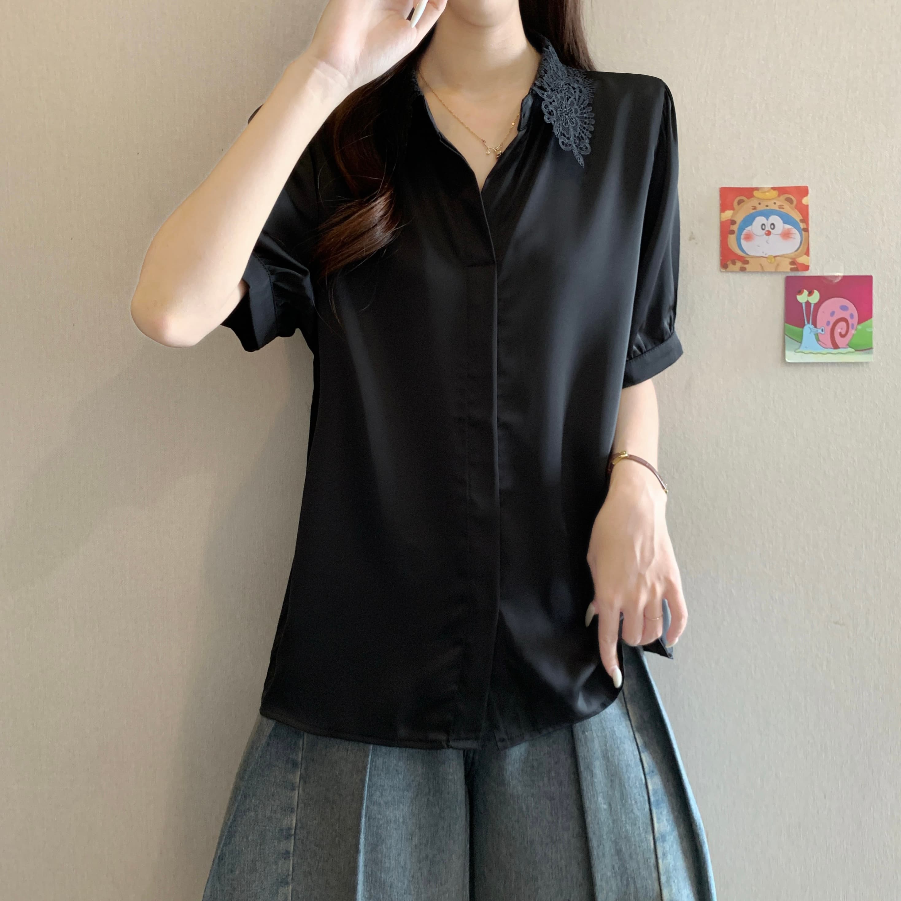 프랑스식 레이스 POLO 칼라 긍정적 인 어깨 반팔 여성 셔츠 여름 새로운 지방 mm 루즈핏 슬림해 보이는 품격 다용도 맨위 상세 이미지 4