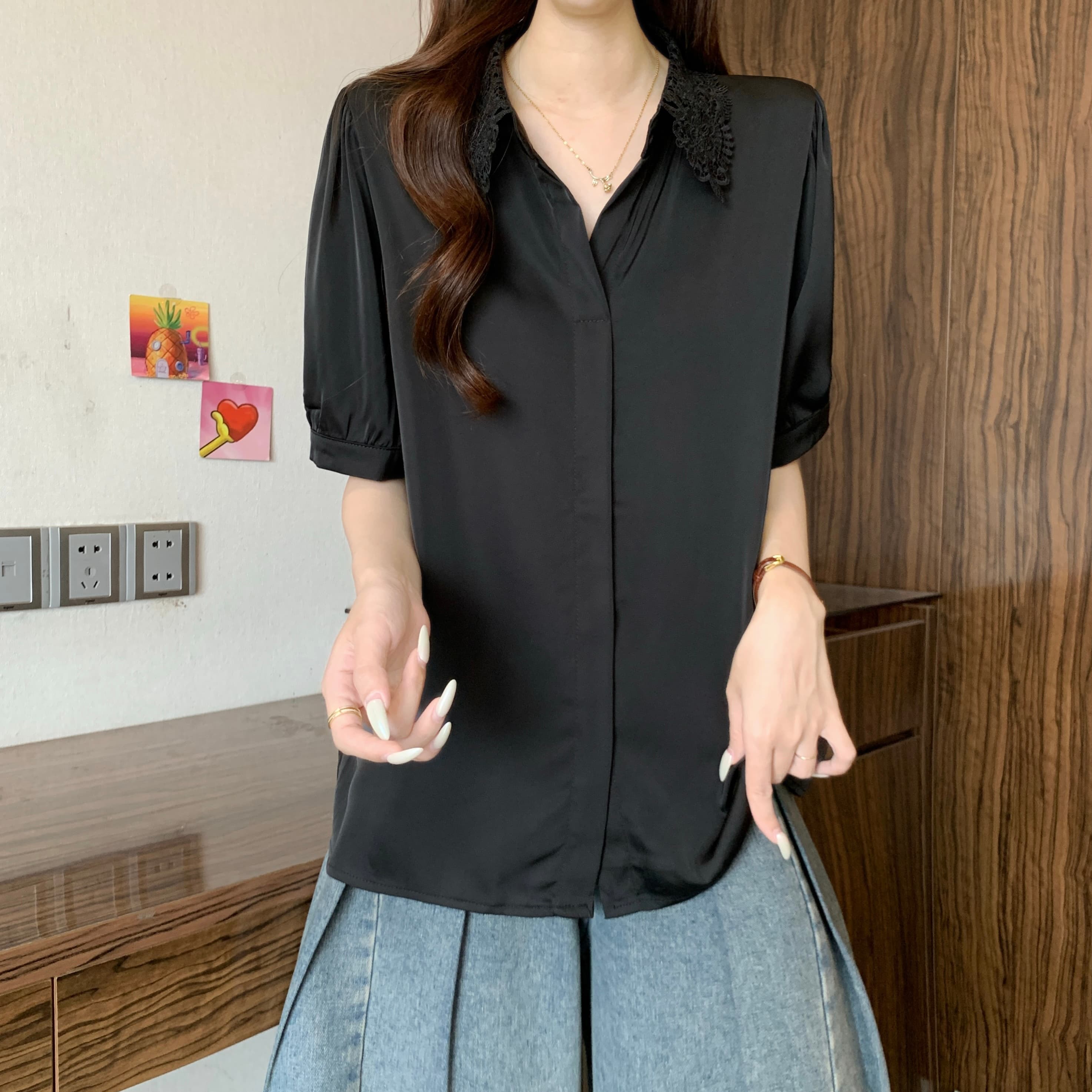프랑스식 레이스 POLO 칼라 긍정적 인 어깨 반팔 여성 셔츠 여름 새로운 지방 mm 루즈핏 슬림해 보이는 품격 다용도 맨위 상세 이미지 6