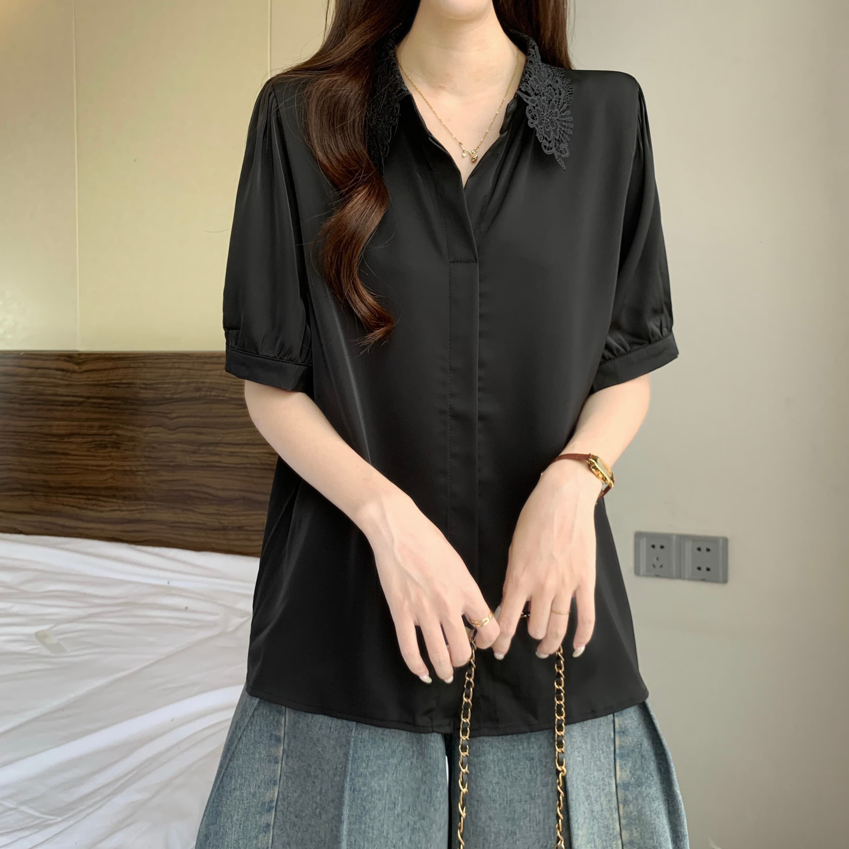 프랑스식 레이스 POLO 칼라 긍정적 인 어깨 반팔 여성 셔츠 여름 새로운 지방 mm 루즈핏 슬림해 보이는 품격 다용도 맨위 상세 이미지 8