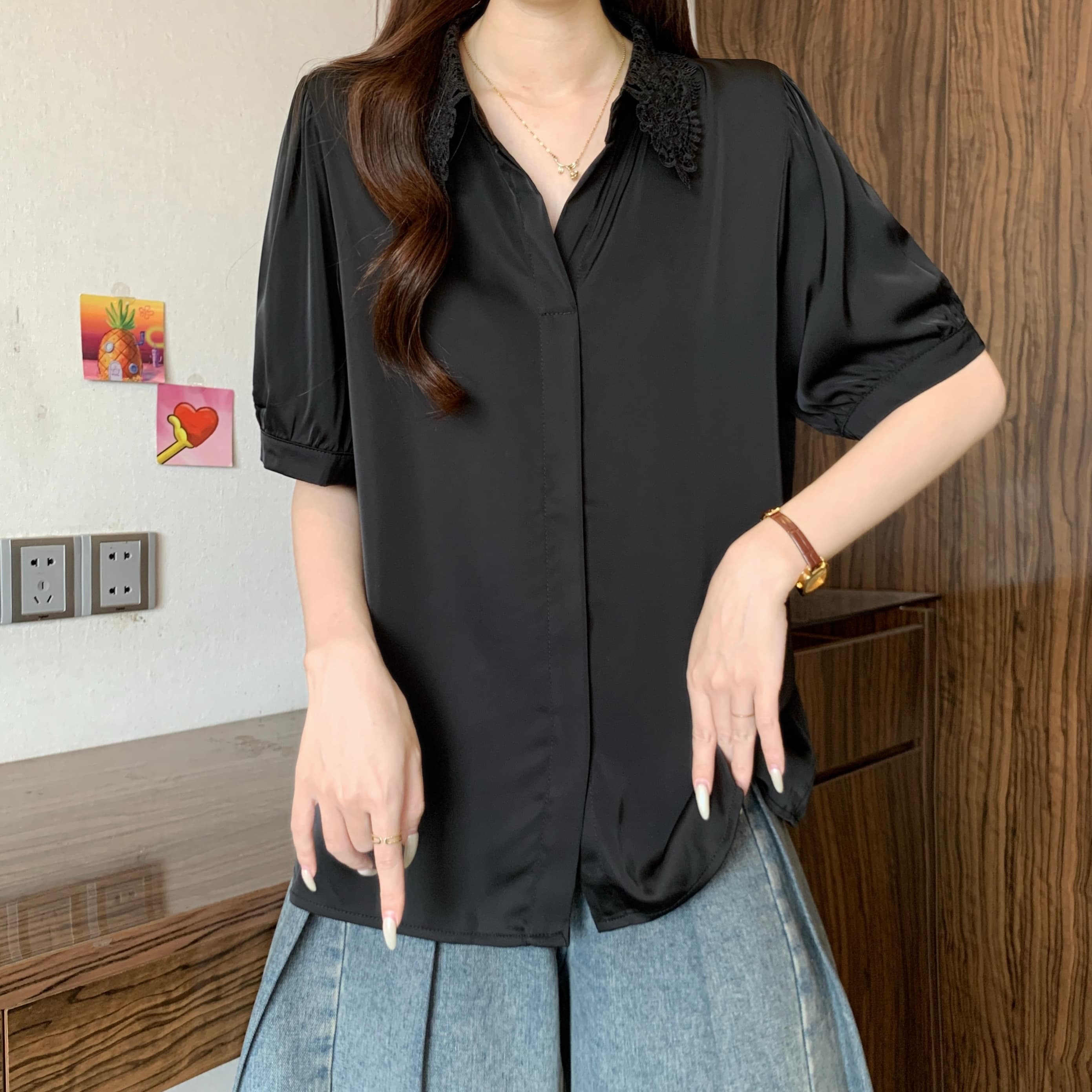 프랑스식 레이스 POLO 칼라 긍정적 인 어깨 반팔 여성 셔츠 여름 새로운 지방 mm 루즈핏 슬림해 보이는 품격 다용도 맨위 상세 이미지 9