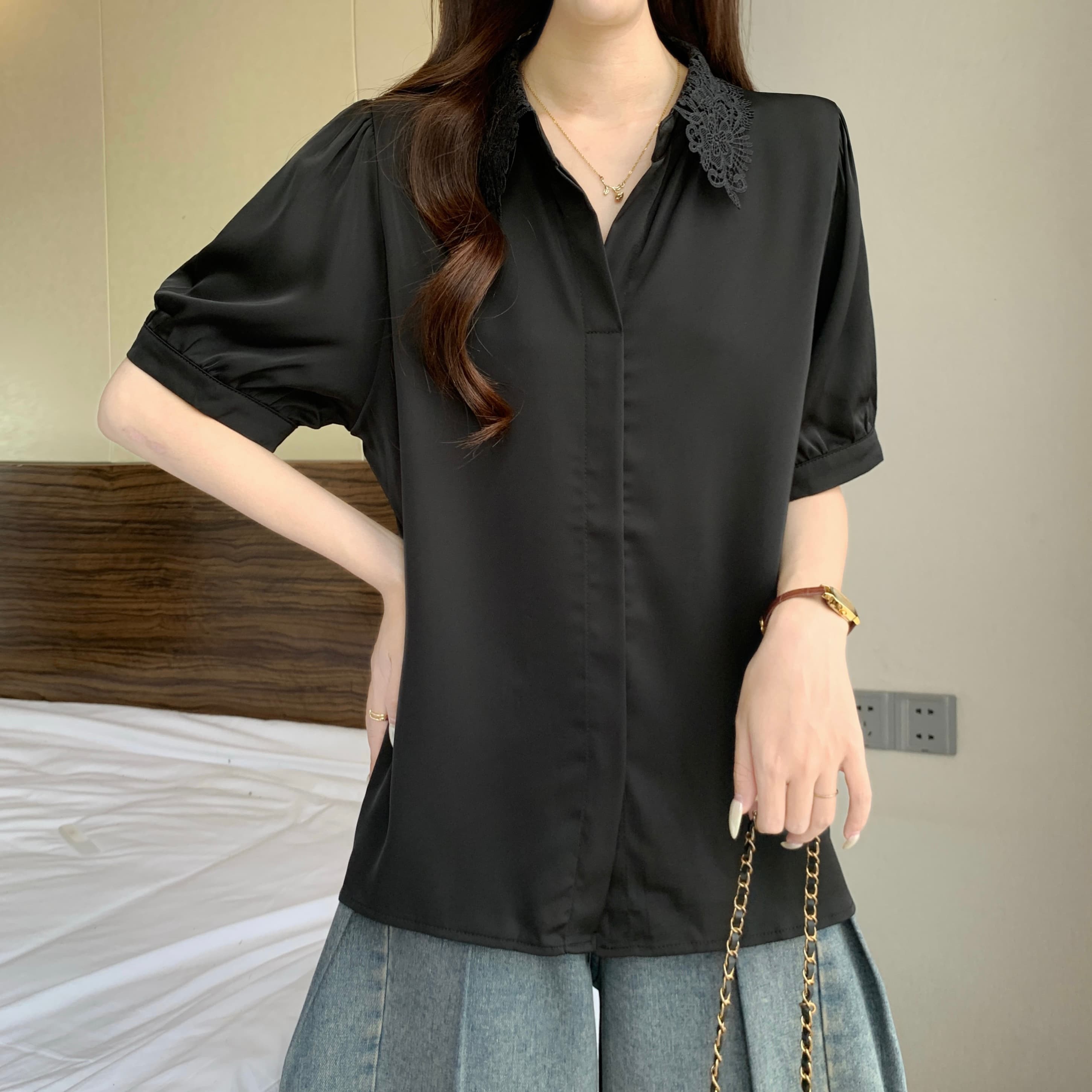 프랑스식 레이스 POLO 칼라 긍정적 인 어깨 반팔 여성 셔츠 여름 새로운 지방 mm 루즈핏 슬림해 보이는 품격 다용도 맨위 상세 이미지 11