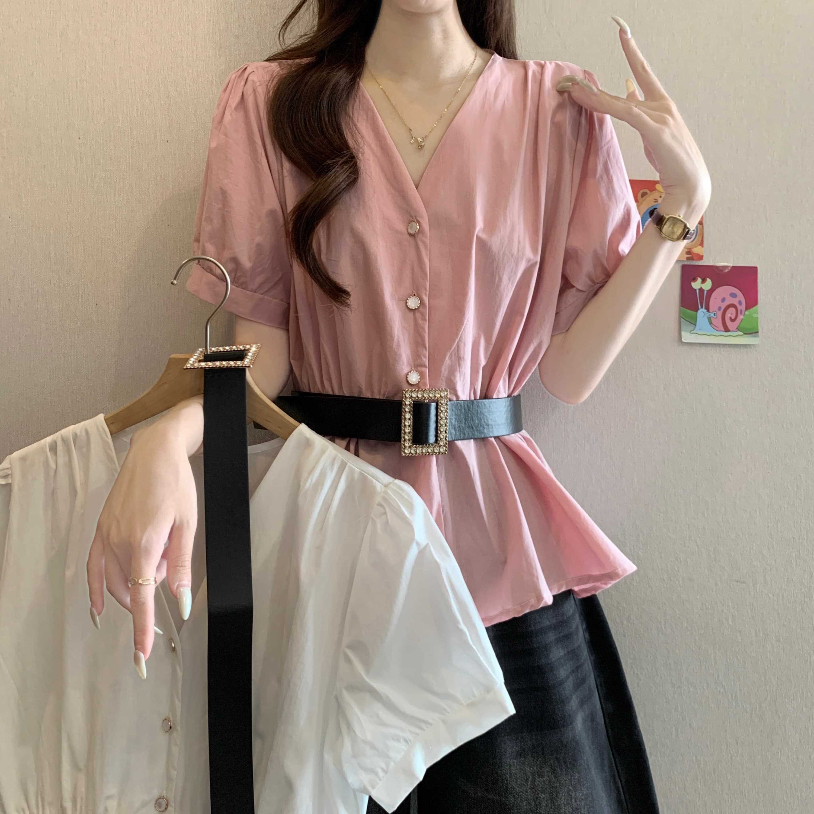 프랑스식 V넥 불규칙 긍정적 인 어깨 반팔 여성 셔츠 여름 새로운 지방 mm 품격 허리 수축 슬림해 보이는 연령 감소 맨위 상세 이미지 2