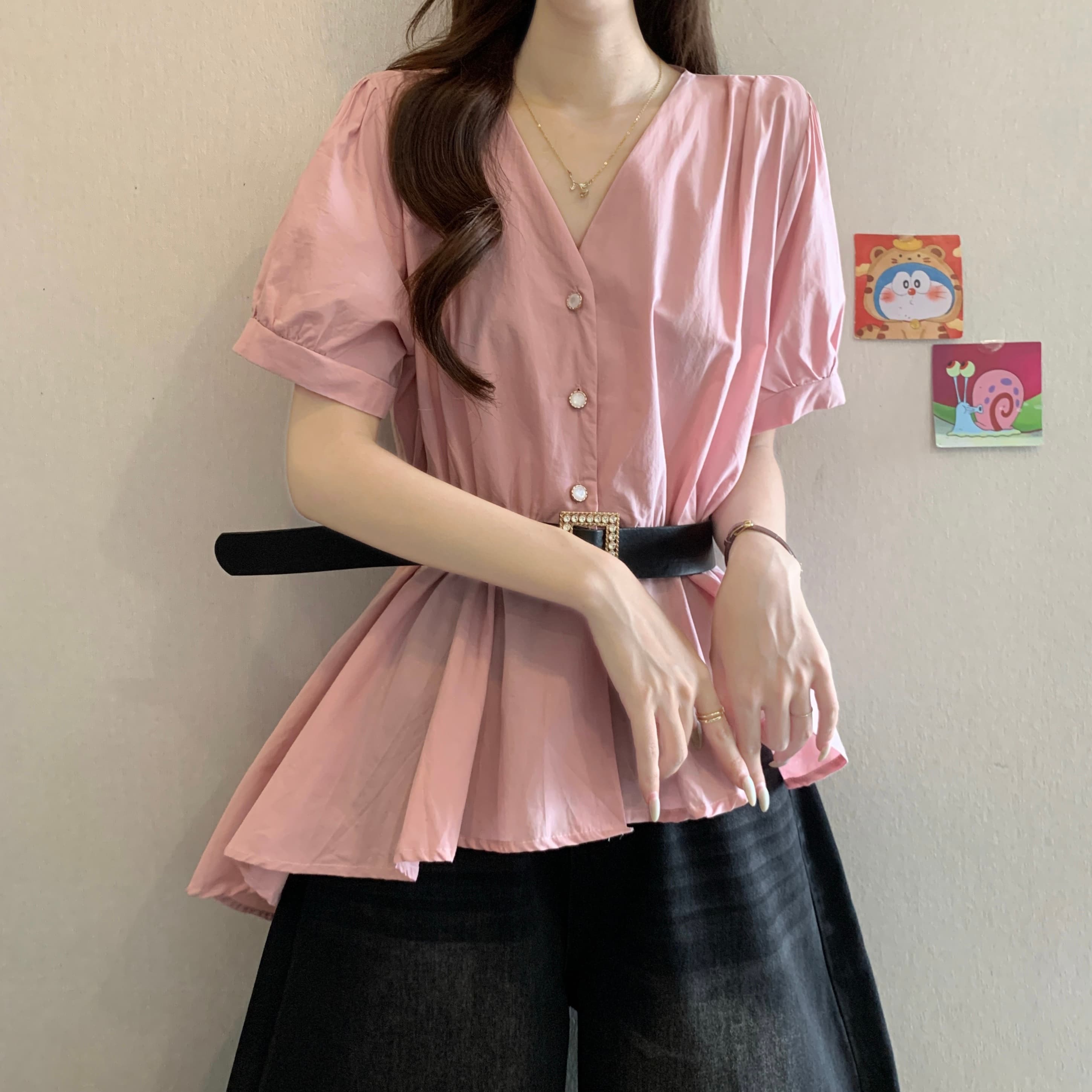 프랑스식 V넥 불규칙 긍정적 인 어깨 반팔 여성 셔츠 여름 새로운 지방 mm 품격 허리 수축 슬림해 보이는 연령 감소 맨위 상세 이미지 3