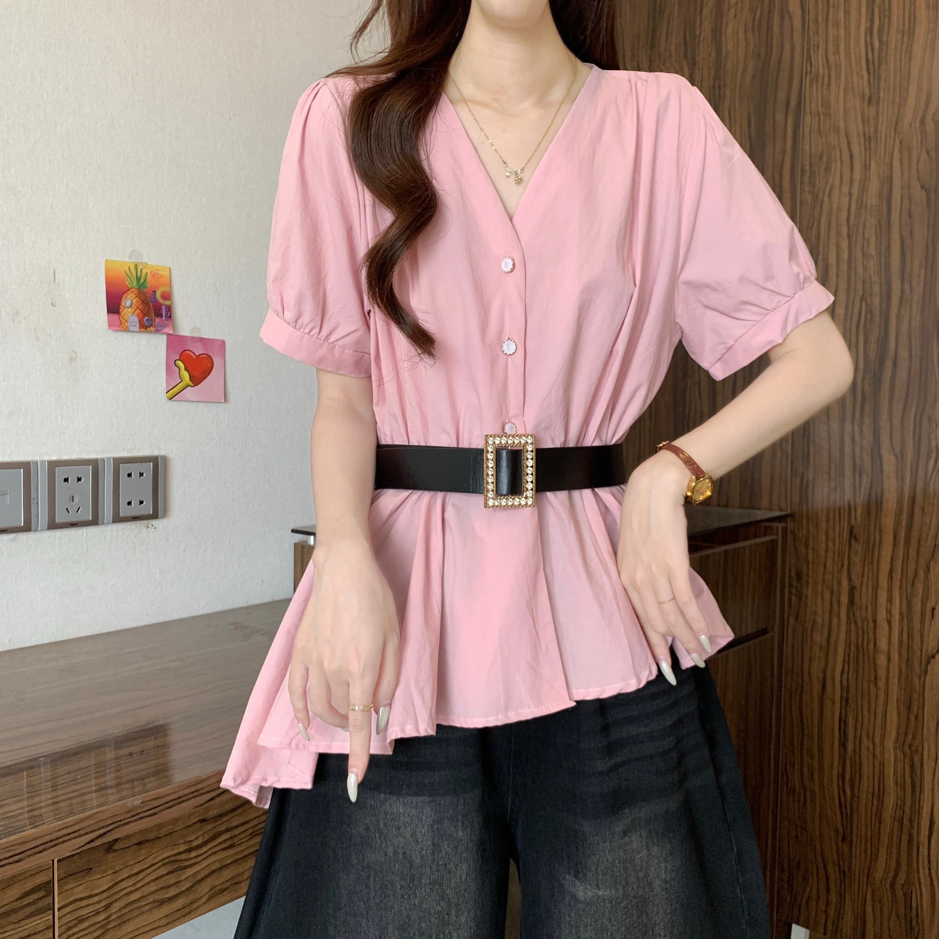 프랑스식 V넥 불규칙 긍정적 인 어깨 반팔 여성 셔츠 여름 새로운 지방 mm 품격 허리 수축 슬림해 보이는 연령 감소 맨위 상세 이미지 8
