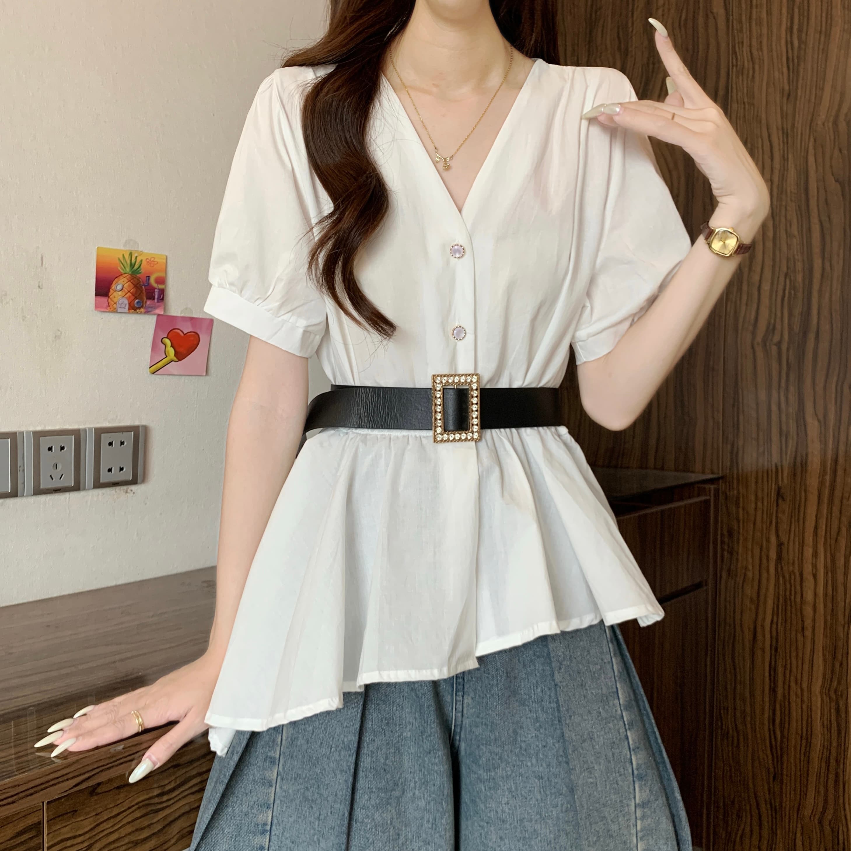 프랑스식 V넥 불규칙 긍정적 인 어깨 반팔 여성 셔츠 여름 새로운 지방 mm 품격 허리 수축 슬림해 보이는 연령 감소 맨위 상세 이미지 20