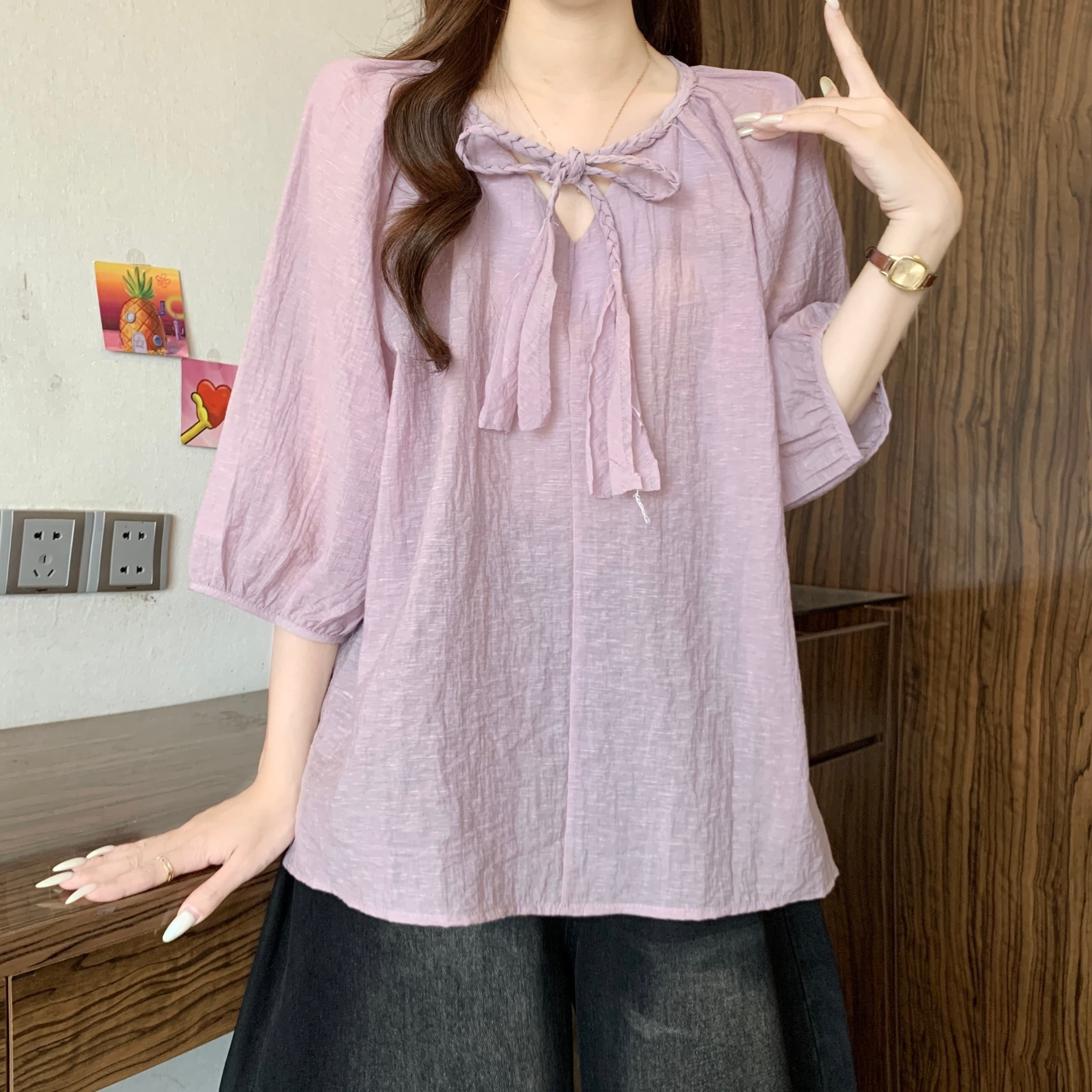 라미 느긋한 바람 짜임 레이스업 여성 셔츠 2026 여름 가을 새로운 지방 mm 루즈핏 슬림해 보이는 품격 연령 감소 맨위 상세 이미지 6