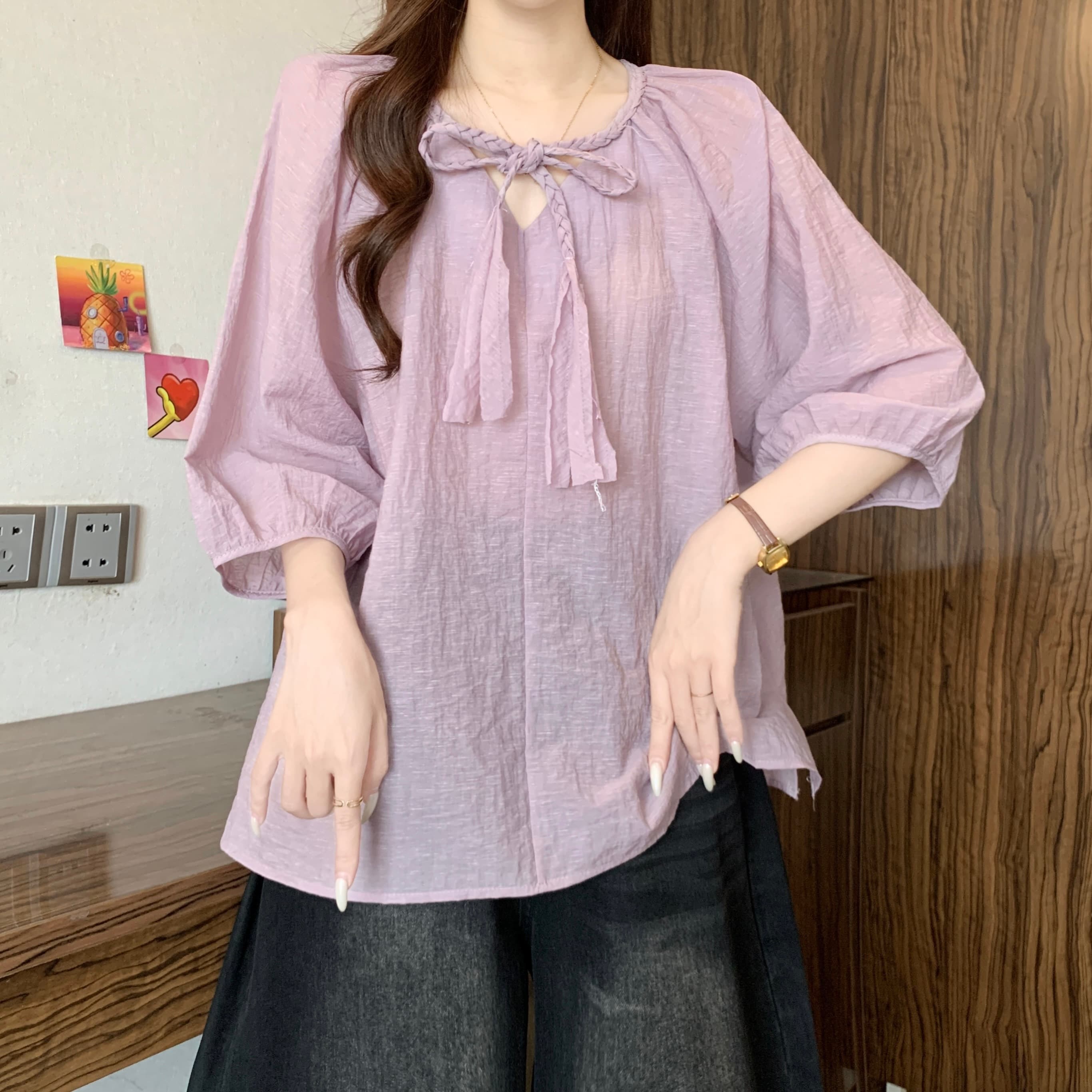 라미 느긋한 바람 짜임 레이스업 여성 셔츠 2026 여름 가을 새로운 지방 mm 루즈핏 슬림해 보이는 품격 연령 감소 맨위 상세 이미지 8