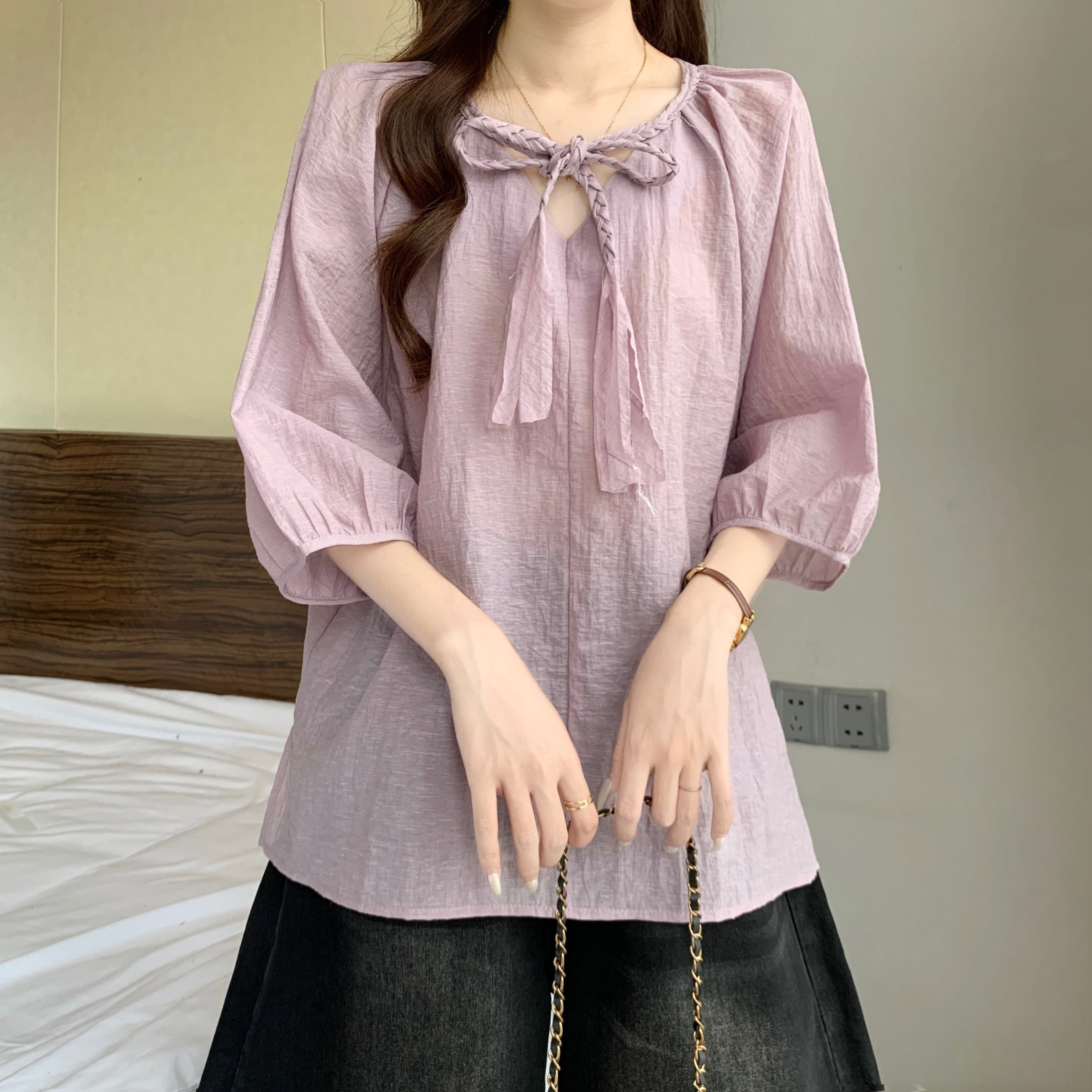 라미 느긋한 바람 짜임 레이스업 여성 셔츠 2026 여름 가을 새로운 지방 mm 루즈핏 슬림해 보이는 품격 연령 감소 맨위 상세 이미지 9