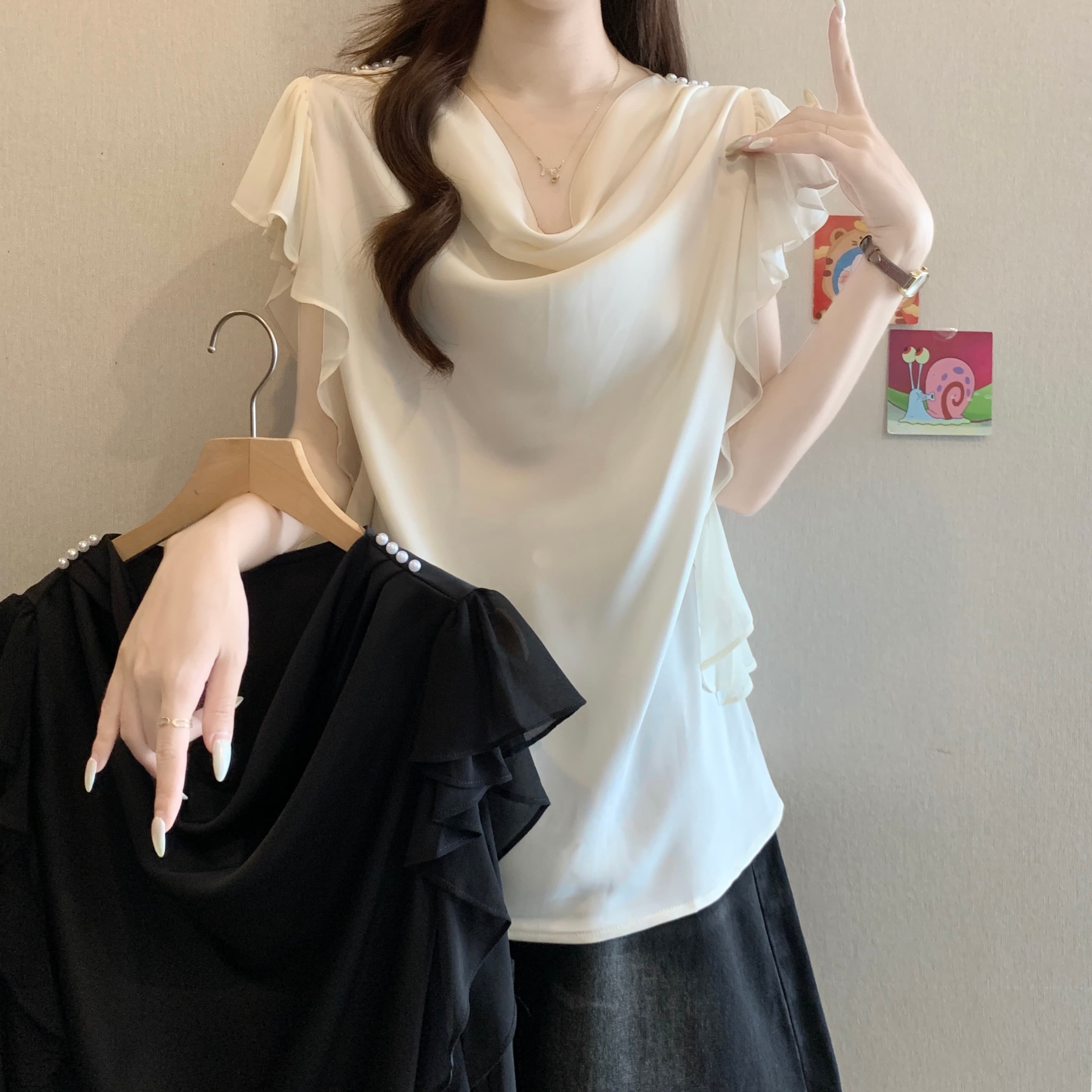 고급 센스 흔들다 칼라 아세트산 새틴 반팔 여성 셔츠 여름 새로운 지방 mm 디자인 센스 품격 슬림해 보이는 Chic 맨위 이미지 2