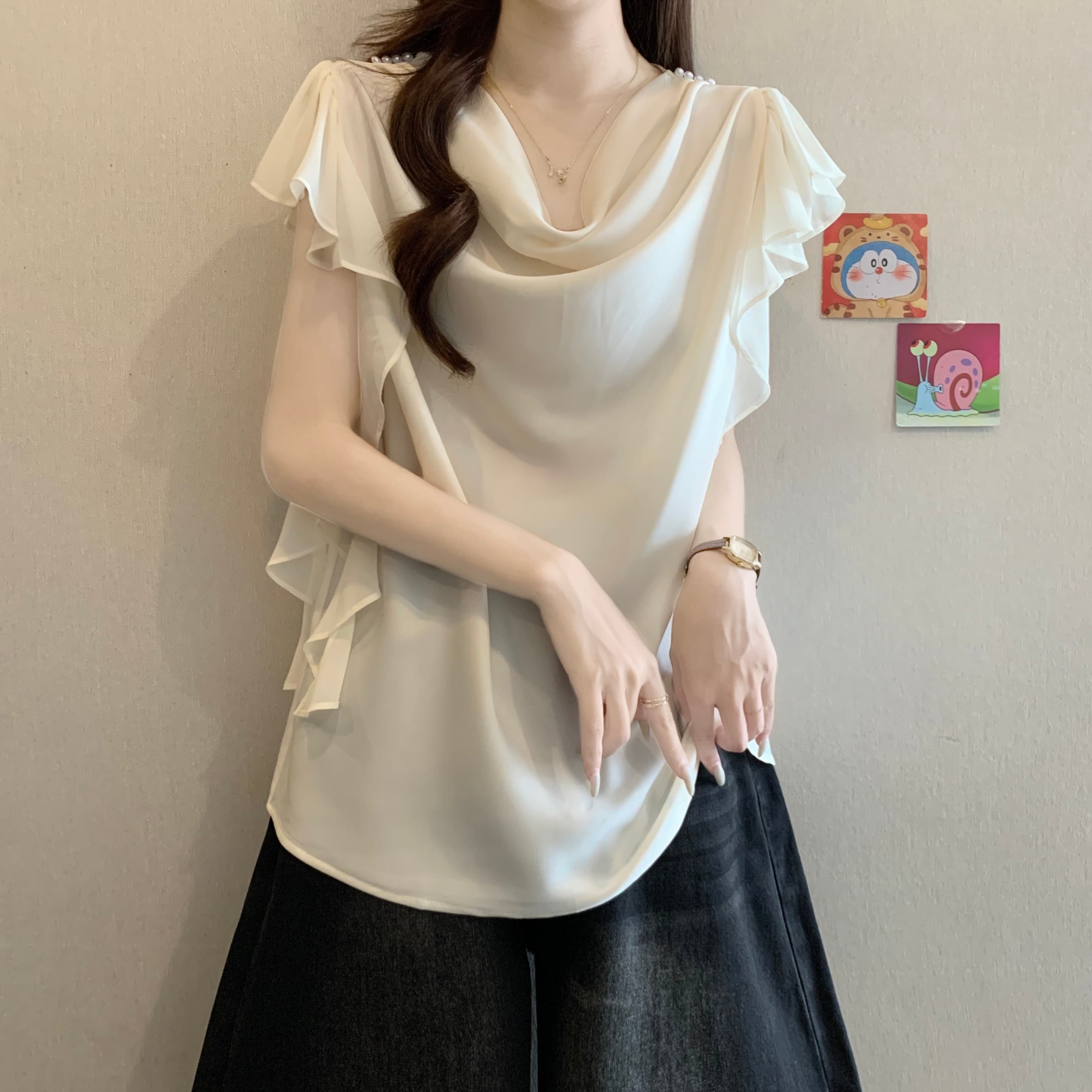 고급 센스 흔들다 칼라 아세트산 새틴 반팔 여성 셔츠 여름 새로운 지방 mm 디자인 센스 품격 슬림해 보이는 Chic 맨위 이미지 5