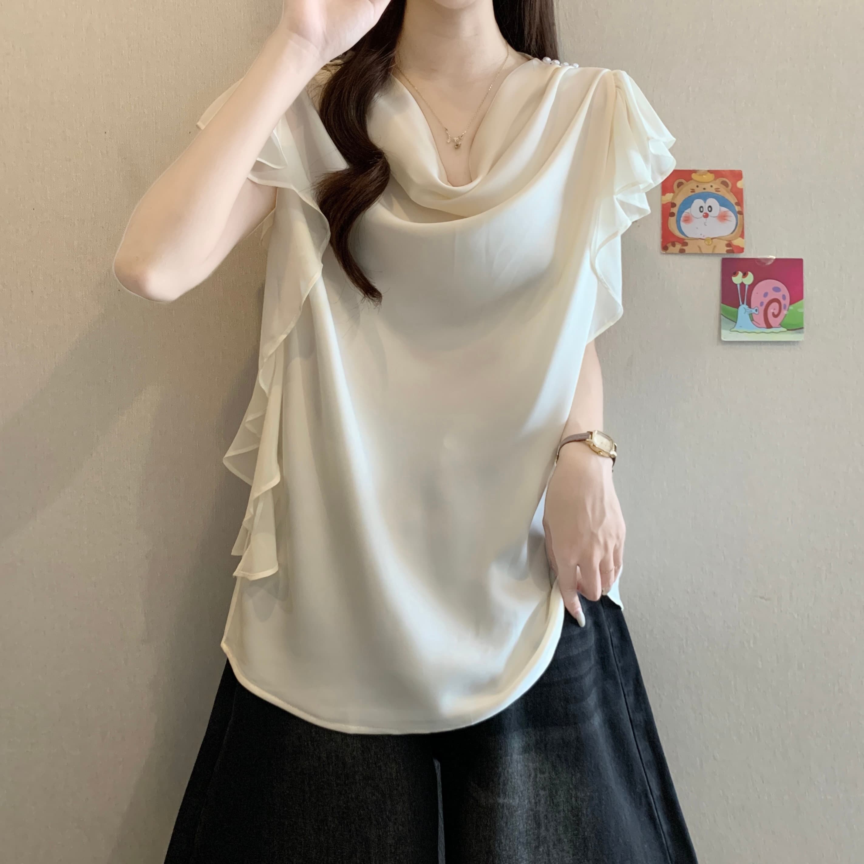 고급 센스 흔들다 칼라 아세트산 새틴 반팔 여성 셔츠 여름 새로운 지방 mm 디자인 센스 품격 슬림해 보이는 Chic 맨위 상세 이미지 4