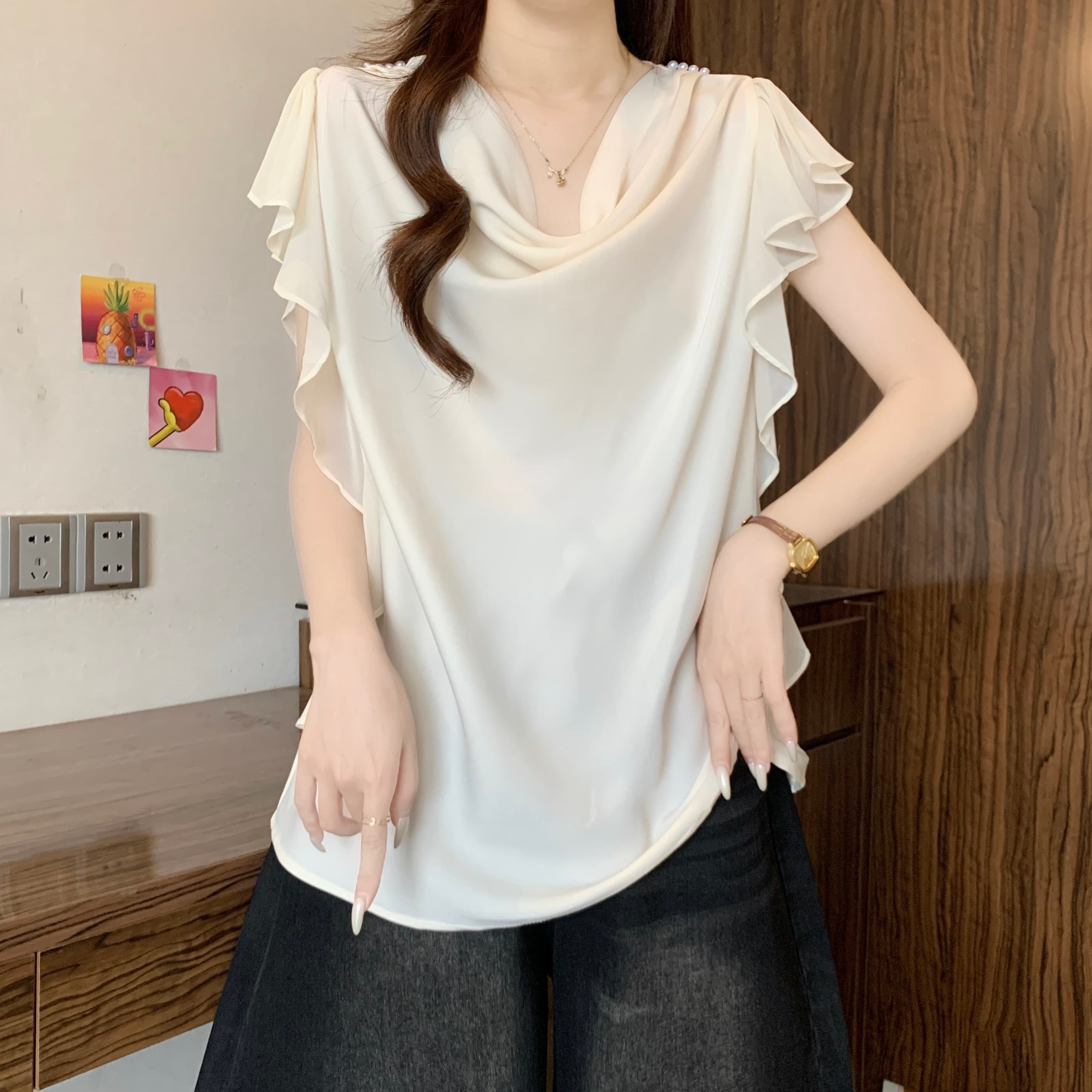 고급 센스 흔들다 칼라 아세트산 새틴 반팔 여성 셔츠 여름 새로운 지방 mm 디자인 센스 품격 슬림해 보이는 Chic 맨위 상세 이미지 8