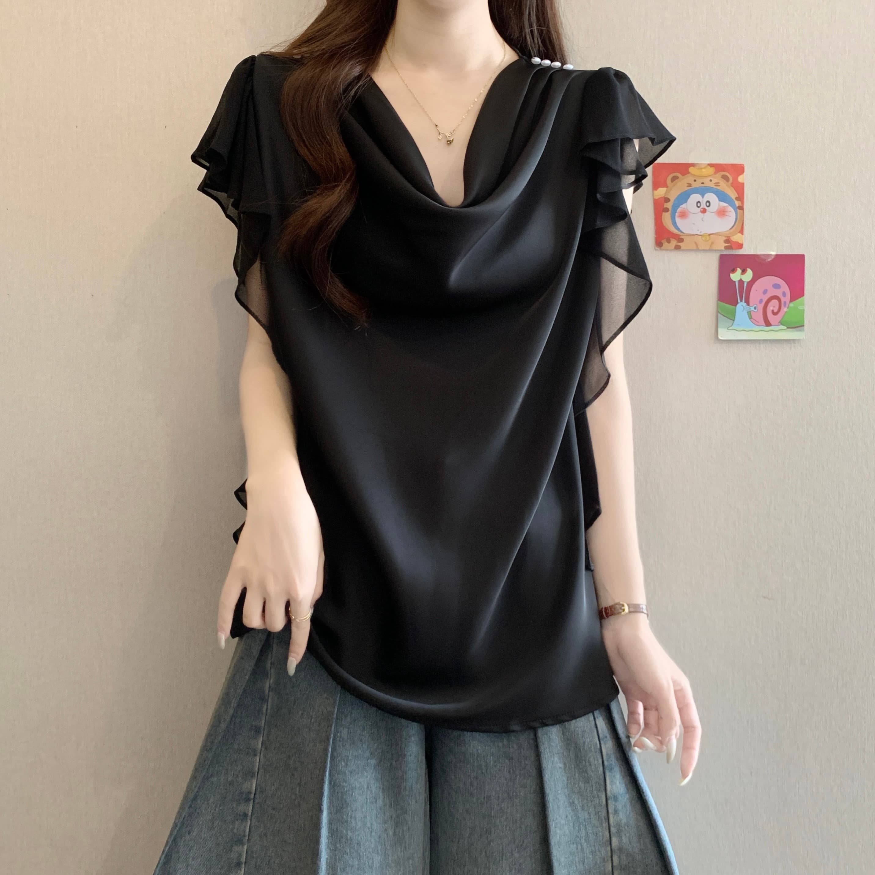 고급 센스 흔들다 칼라 아세트산 새틴 반팔 여성 셔츠 여름 새로운 지방 mm 디자인 센스 품격 슬림해 보이는 Chic 맨위 상세 이미지 14