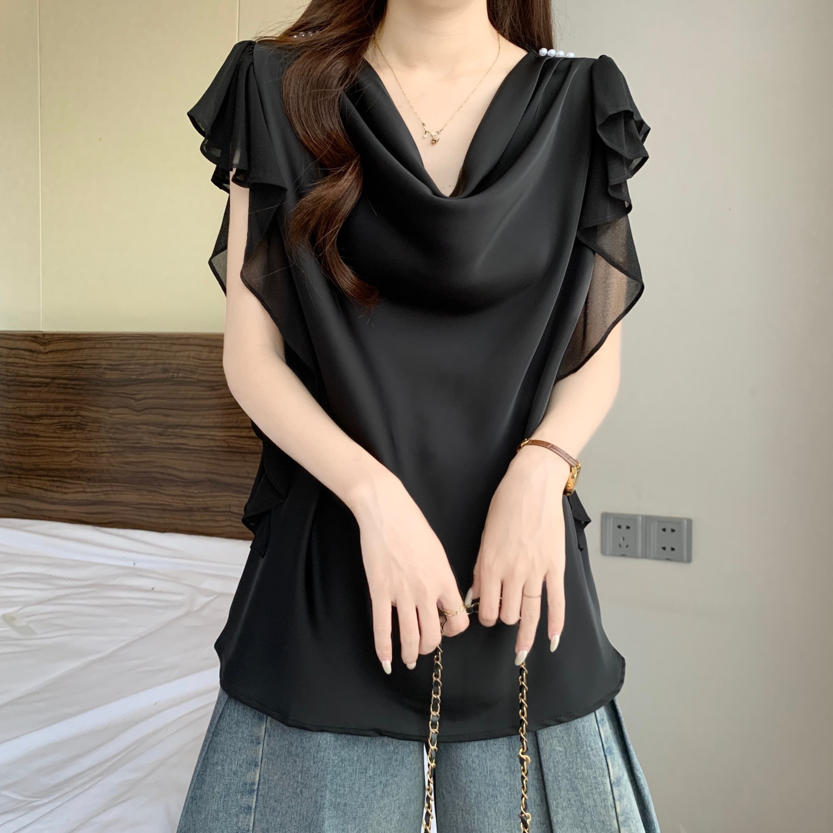 고급 센스 흔들다 칼라 아세트산 새틴 반팔 여성 셔츠 여름 새로운 지방 mm 디자인 센스 품격 슬림해 보이는 Chic 맨위 상세 이미지 18