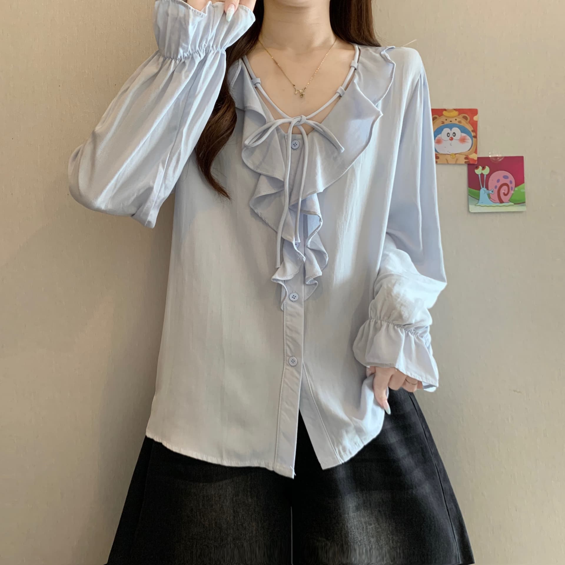 이른 가을 새로운 디자인 센스 레이스업 프릴 긍정적 인 어깨 긴팔 여성 셔츠 지방 mm 품격 슬림해 보이는 슈퍼 잘 생긴 맨위 이미지 4