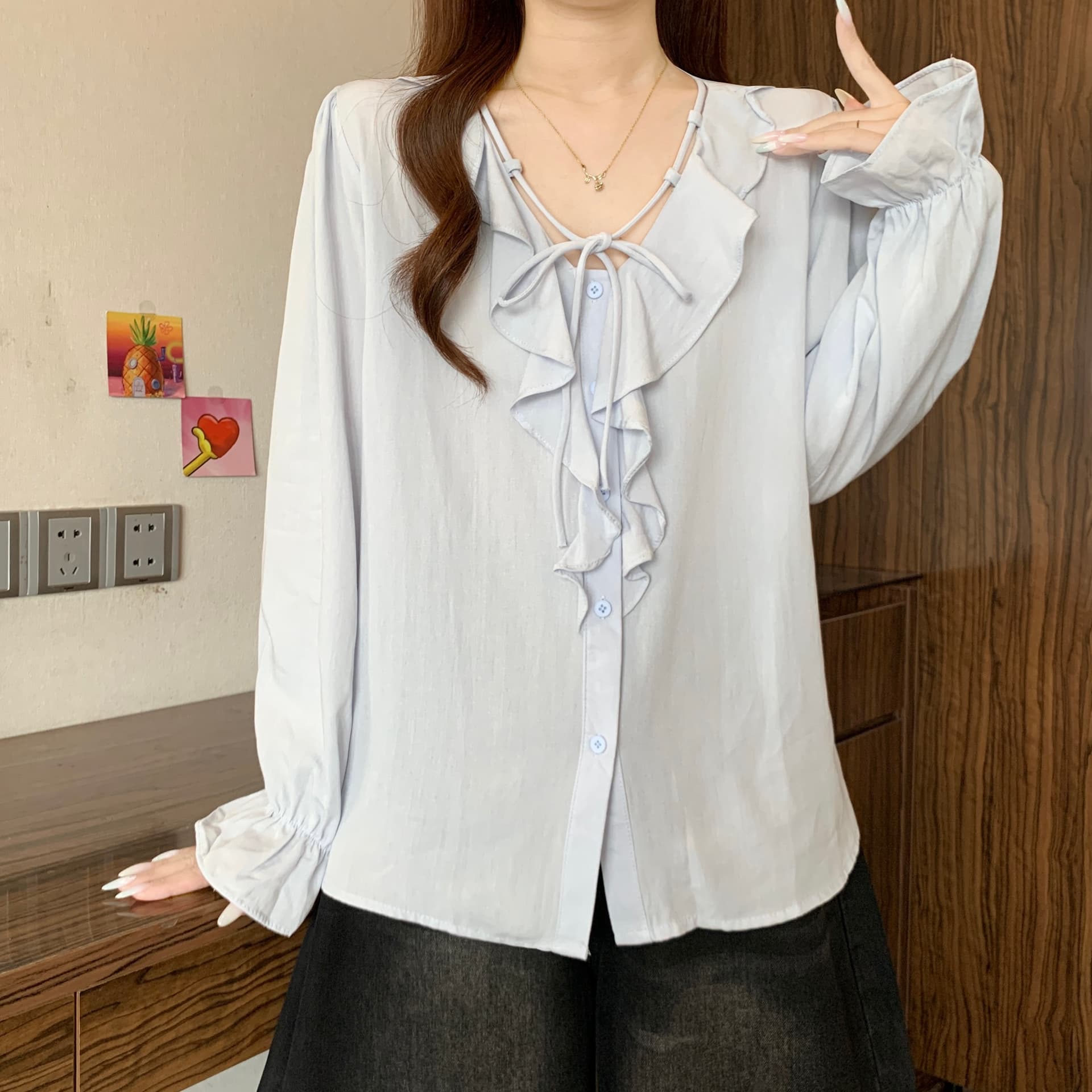 이른 가을 새로운 디자인 센스 레이스업 프릴 긍정적 인 어깨 긴팔 여성 셔츠 지방 mm 품격 슬림해 보이는 슈퍼 잘 생긴 맨위 상세 이미지 6