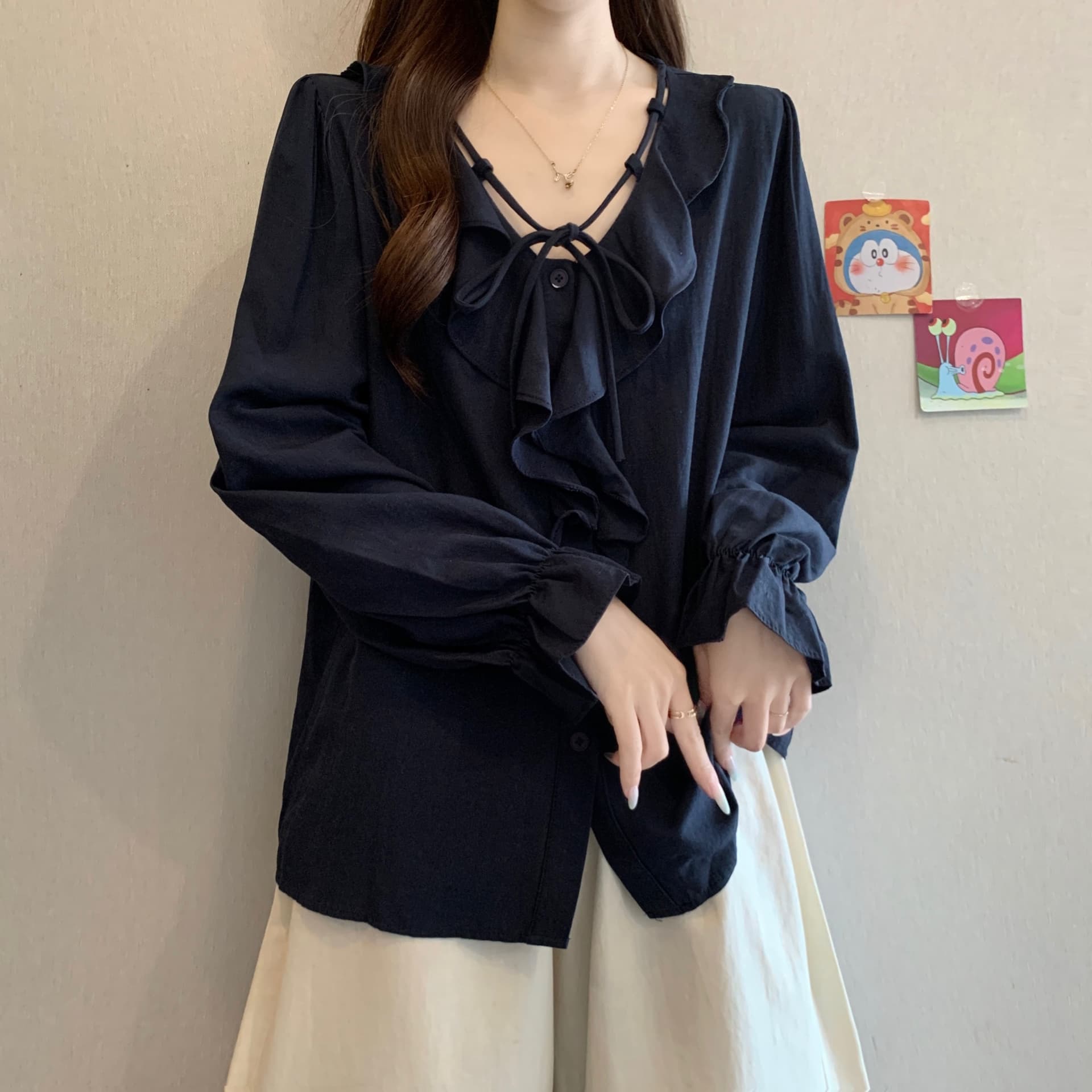 이른 가을 새로운 디자인 센스 레이스업 프릴 긍정적 인 어깨 긴팔 여성 셔츠 지방 mm 품격 슬림해 보이는 슈퍼 잘 생긴 맨위 상세 이미지 13
