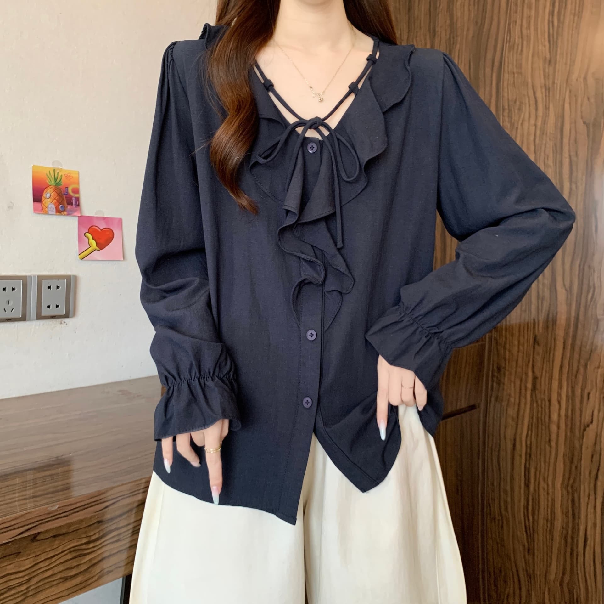 이른 가을 새로운 디자인 센스 레이스업 프릴 긍정적 인 어깨 긴팔 여성 셔츠 지방 mm 품격 슬림해 보이는 슈퍼 잘 생긴 맨위 상세 이미지 17