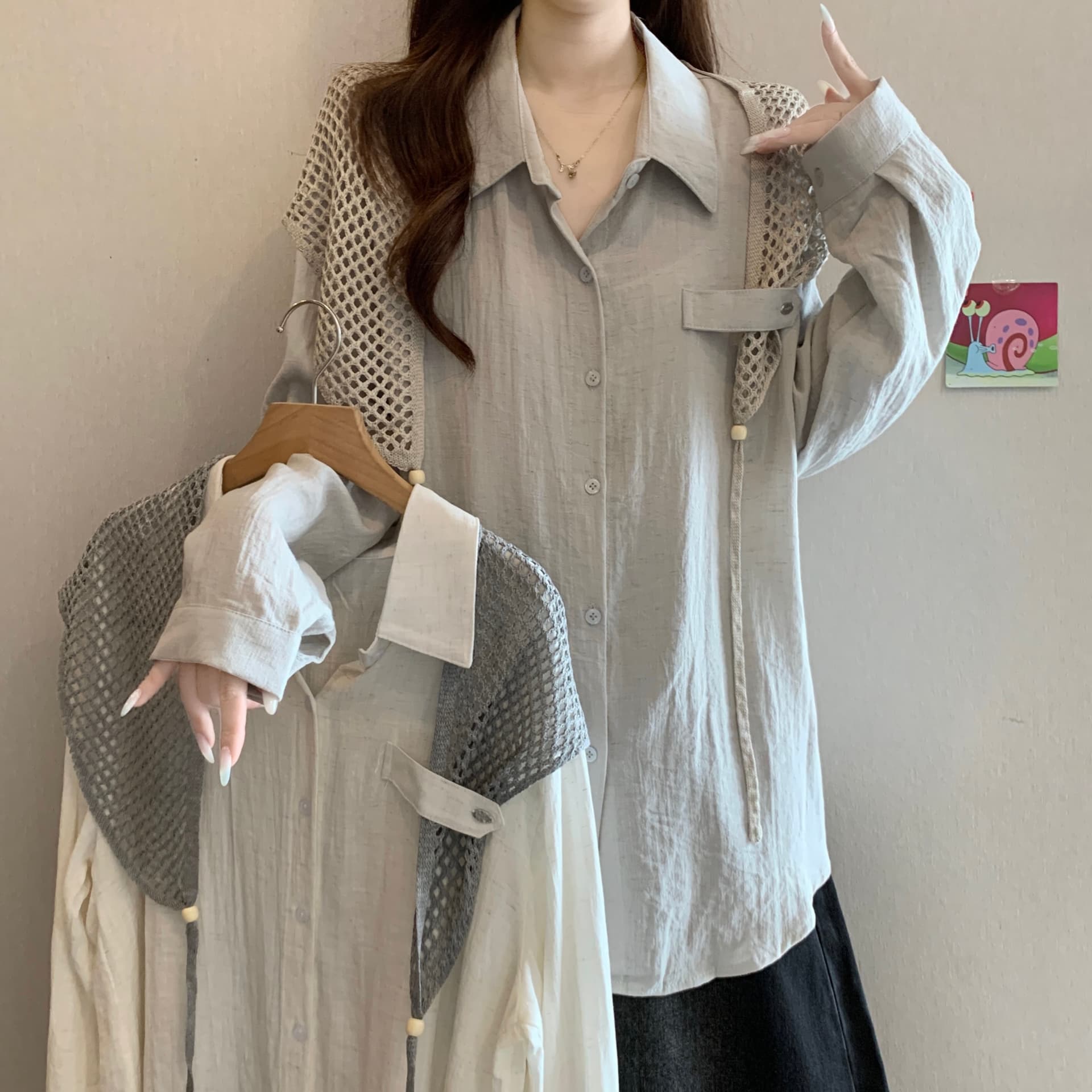 이른 가을 새로운 품격 다용도 POLO 칼라 긍정적 인 어깨 긴팔 셔츠 빅 사이즈 캐주얼 슬림해 보이는 스택 착용 숄 투피스 세트 상세 이미지 2
