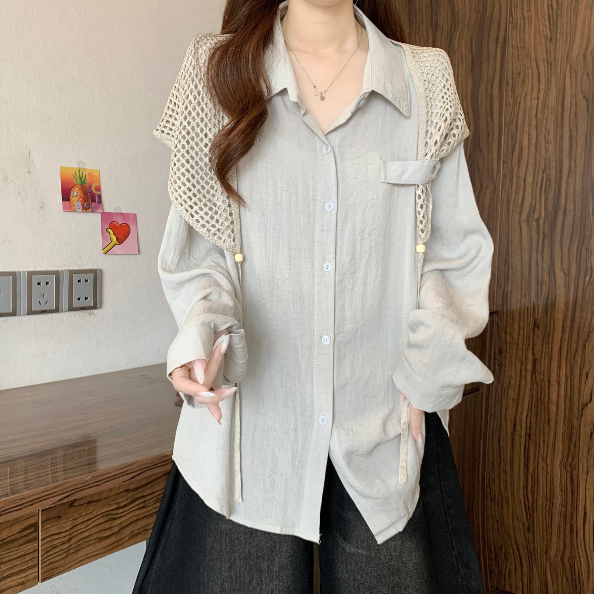 이른 가을 새로운 품격 다용도 POLO 칼라 긍정적 인 어깨 긴팔 셔츠 빅 사이즈 캐주얼 슬림해 보이는 스택 착용 숄 투피스 세트 상세 이미지 7