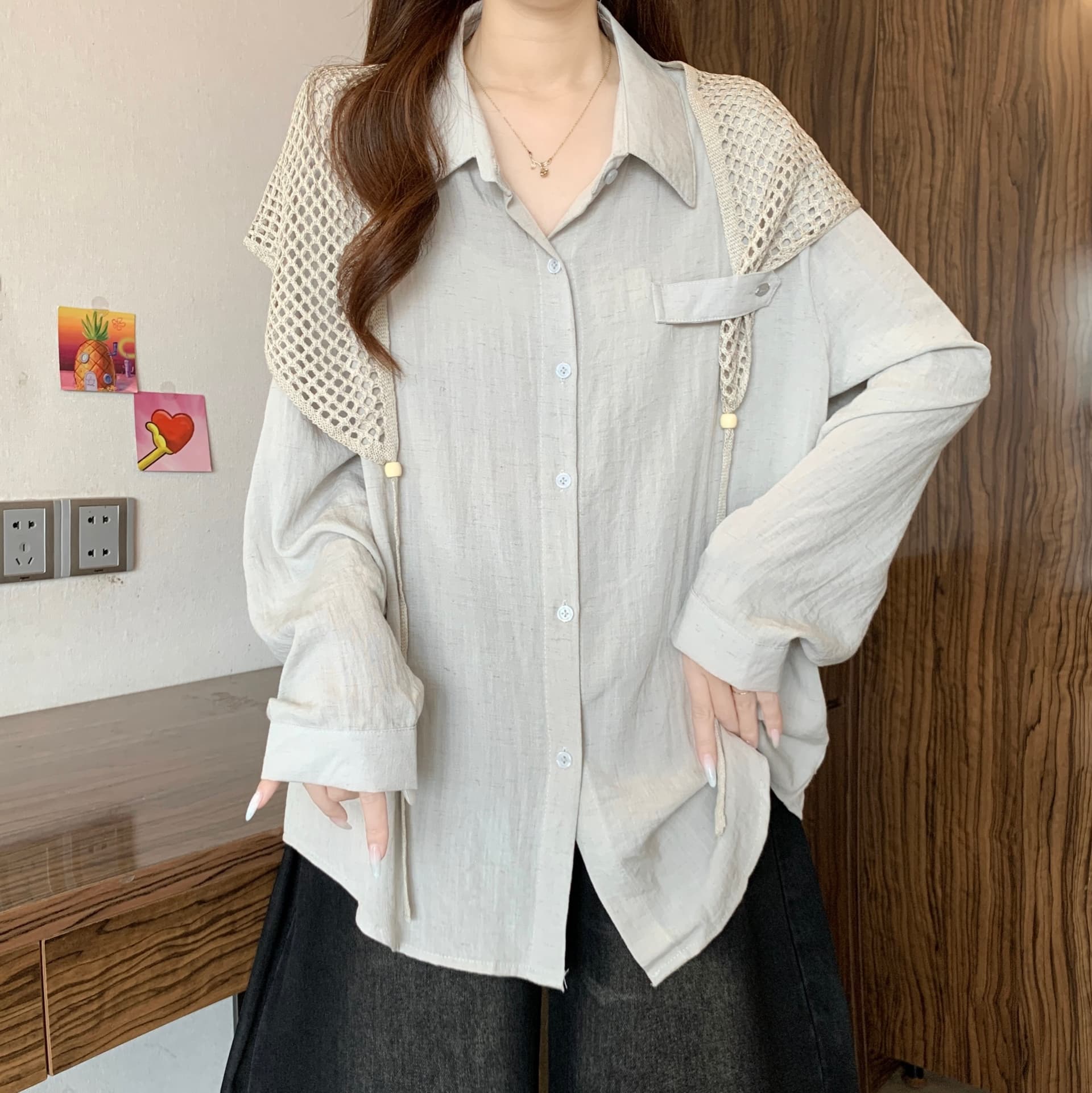 이른 가을 새로운 품격 다용도 POLO 칼라 긍정적 인 어깨 긴팔 셔츠 빅 사이즈 캐주얼 슬림해 보이는 스택 착용 숄 투피스 세트 상세 이미지 8