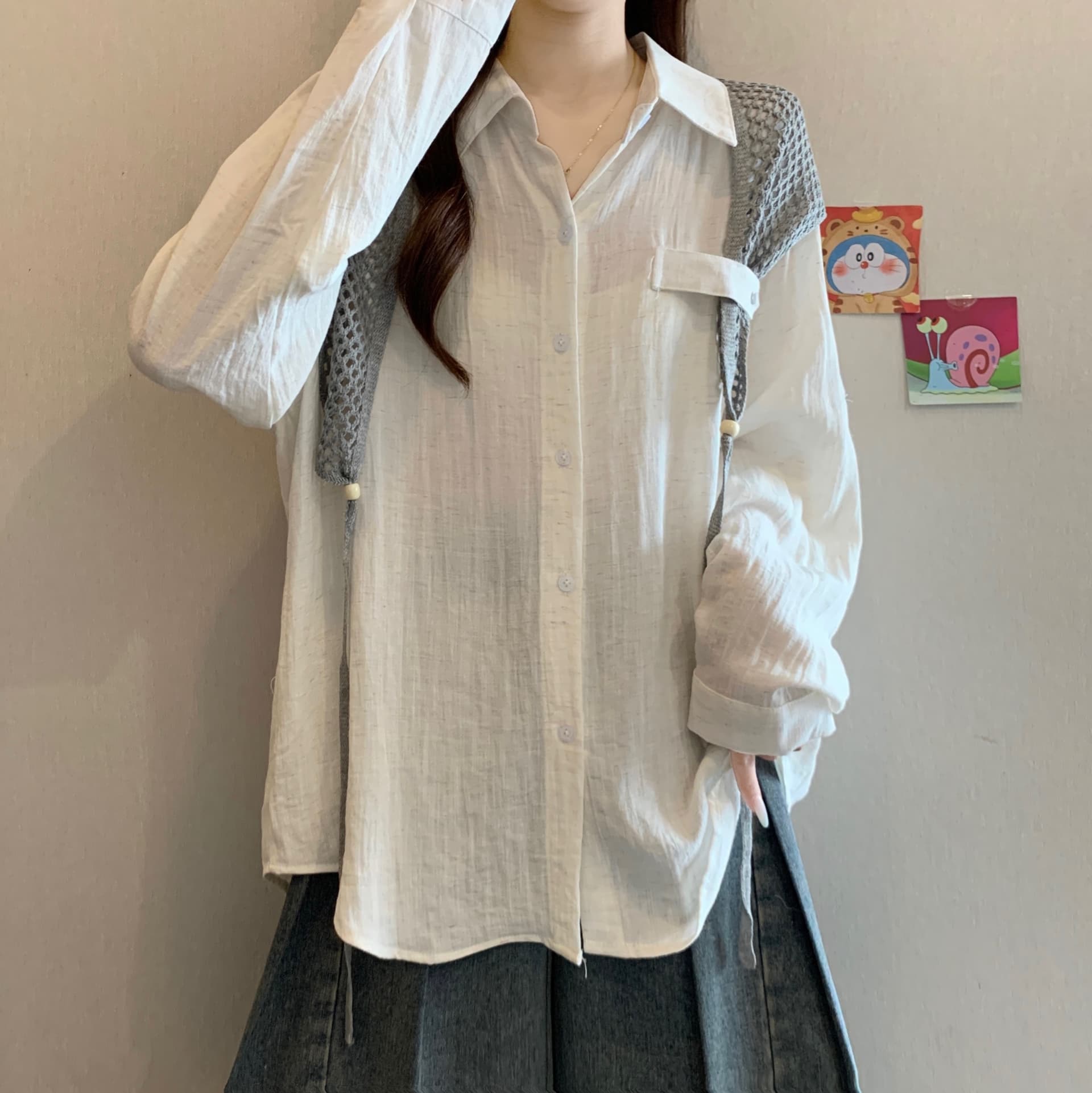 이른 가을 새로운 품격 다용도 POLO 칼라 긍정적 인 어깨 긴팔 셔츠 빅 사이즈 캐주얼 슬림해 보이는 스택 착용 숄 투피스 세트 상세 이미지 12