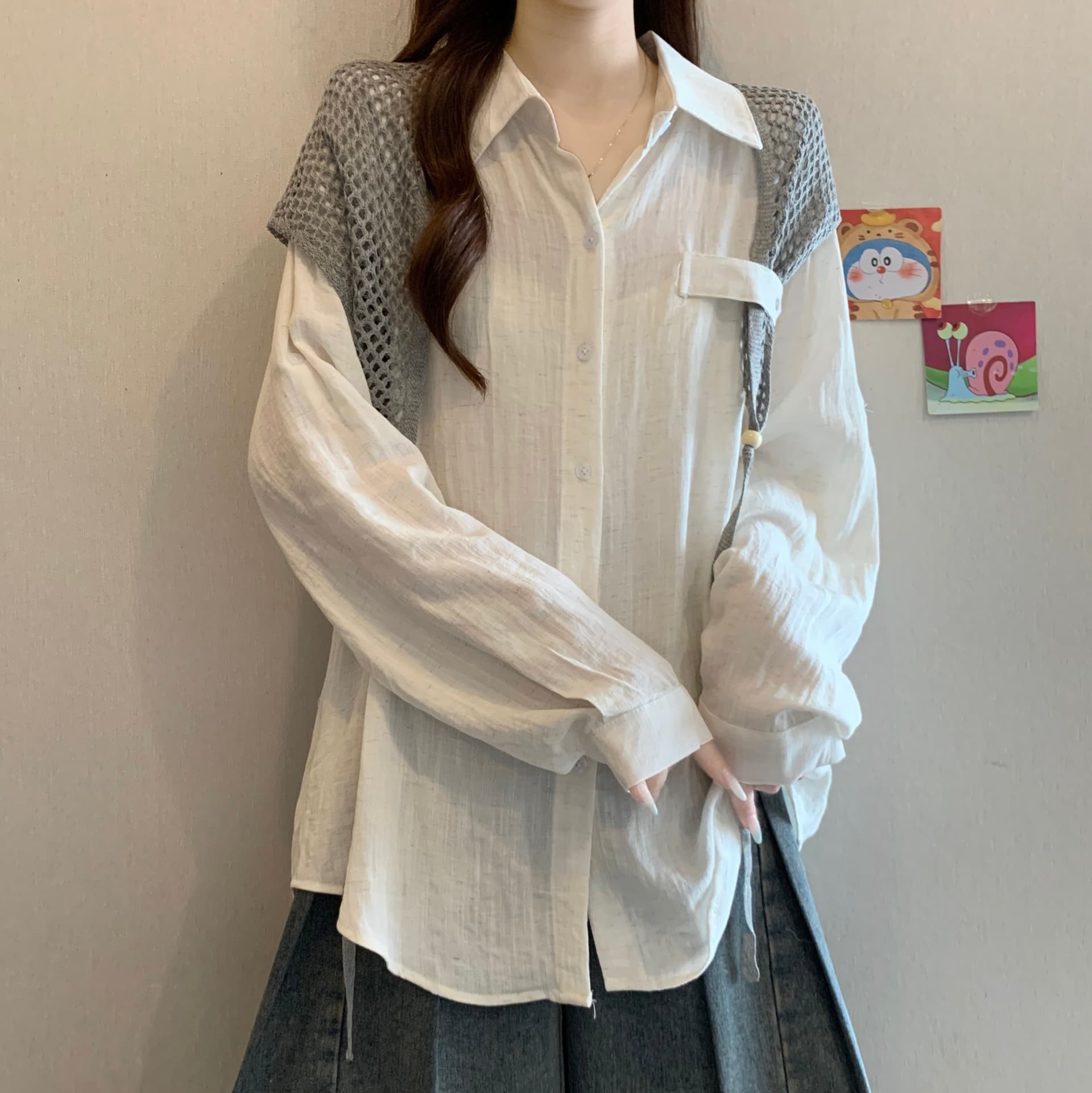 이른 가을 새로운 품격 다용도 POLO 칼라 긍정적 인 어깨 긴팔 셔츠 빅 사이즈 캐주얼 슬림해 보이는 스택 착용 숄 투피스 세트 상세 이미지 13