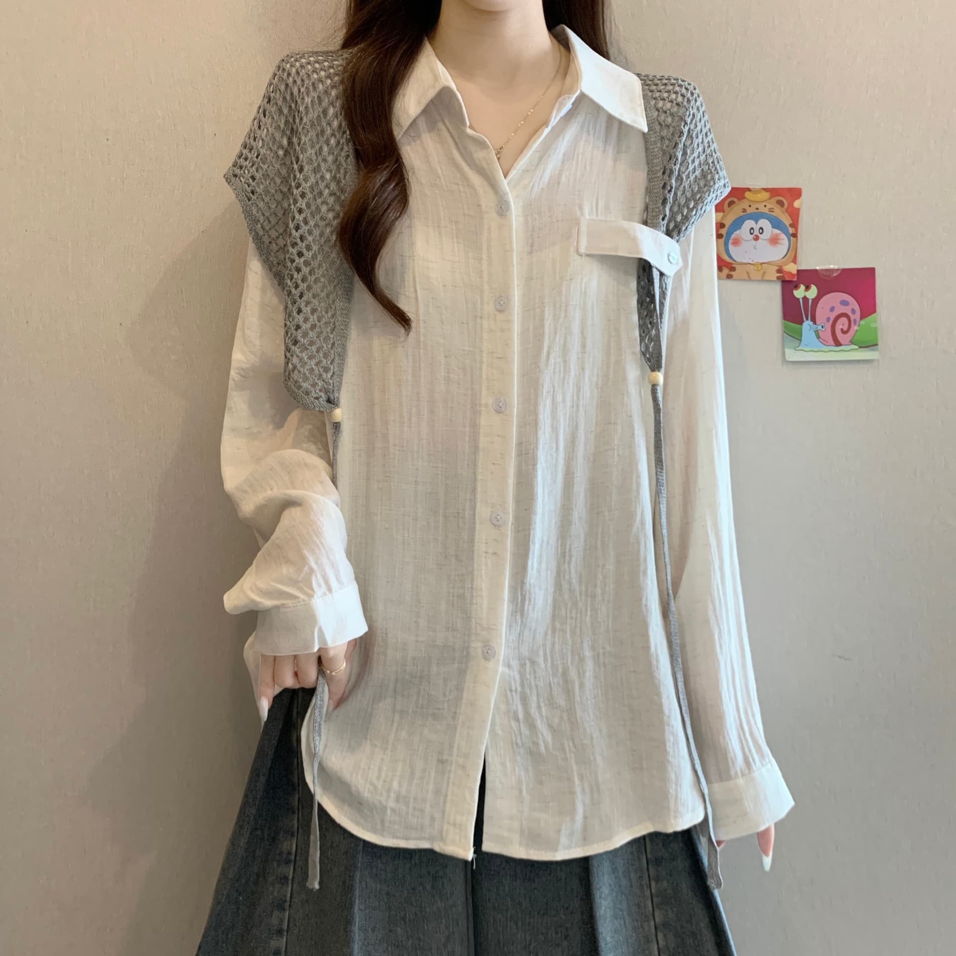 이른 가을 새로운 품격 다용도 POLO 칼라 긍정적 인 어깨 긴팔 셔츠 빅 사이즈 캐주얼 슬림해 보이는 스택 착용 숄 투피스 세트 상세 이미지 14