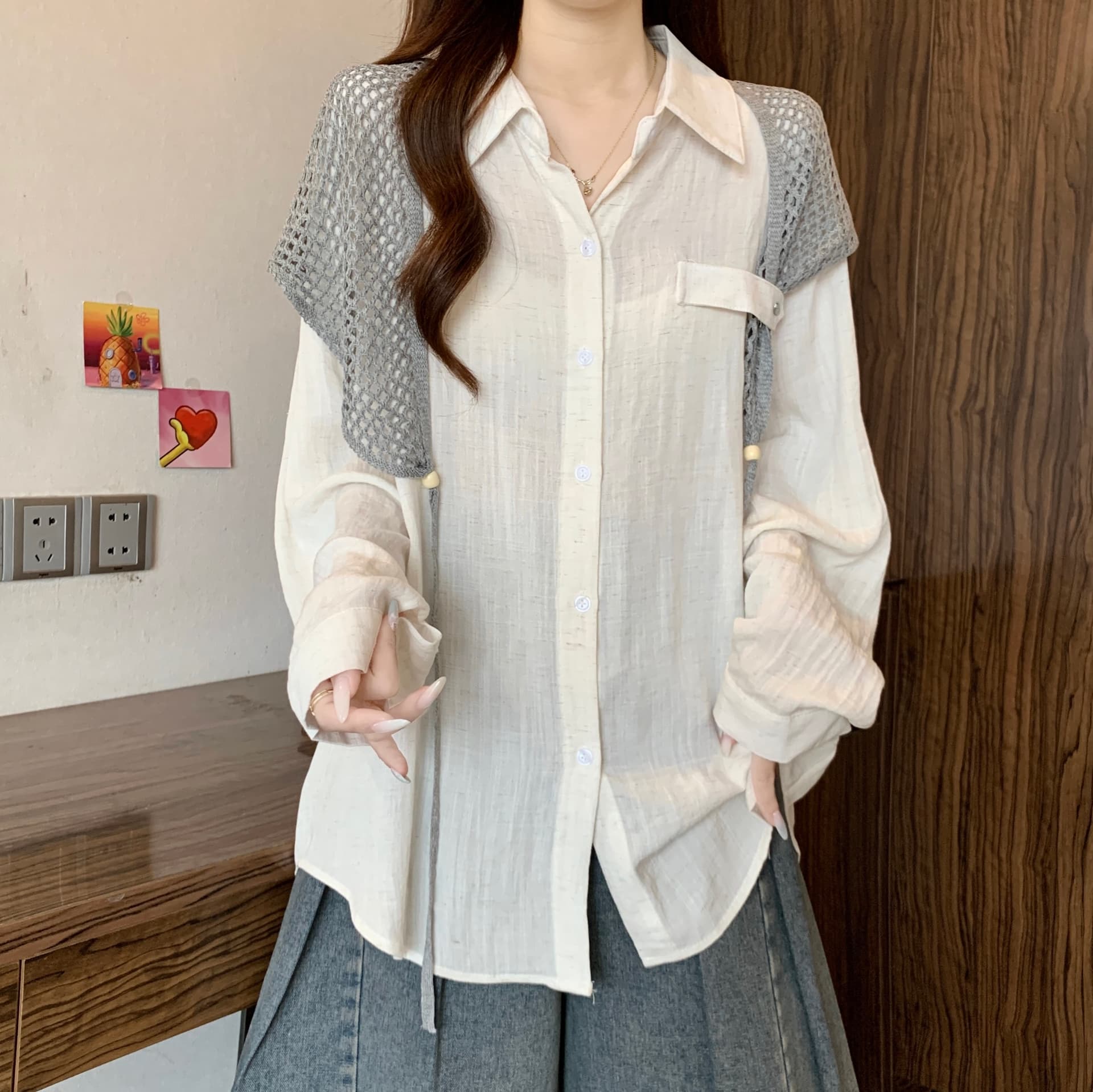 이른 가을 새로운 품격 다용도 POLO 칼라 긍정적 인 어깨 긴팔 셔츠 빅 사이즈 캐주얼 슬림해 보이는 스택 착용 숄 투피스 세트 상세 이미지 16