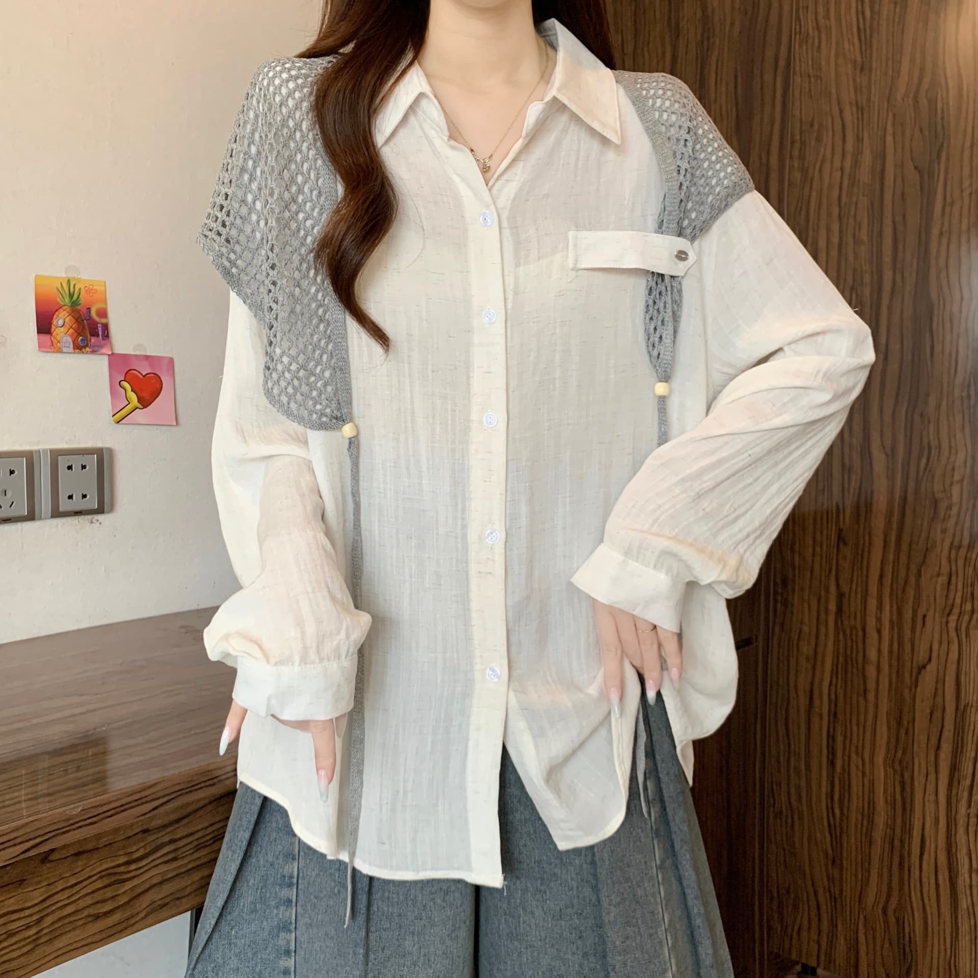 이른 가을 새로운 품격 다용도 POLO 칼라 긍정적 인 어깨 긴팔 셔츠 빅 사이즈 캐주얼 슬림해 보이는 스택 착용 숄 투피스 세트 상세 이미지 17