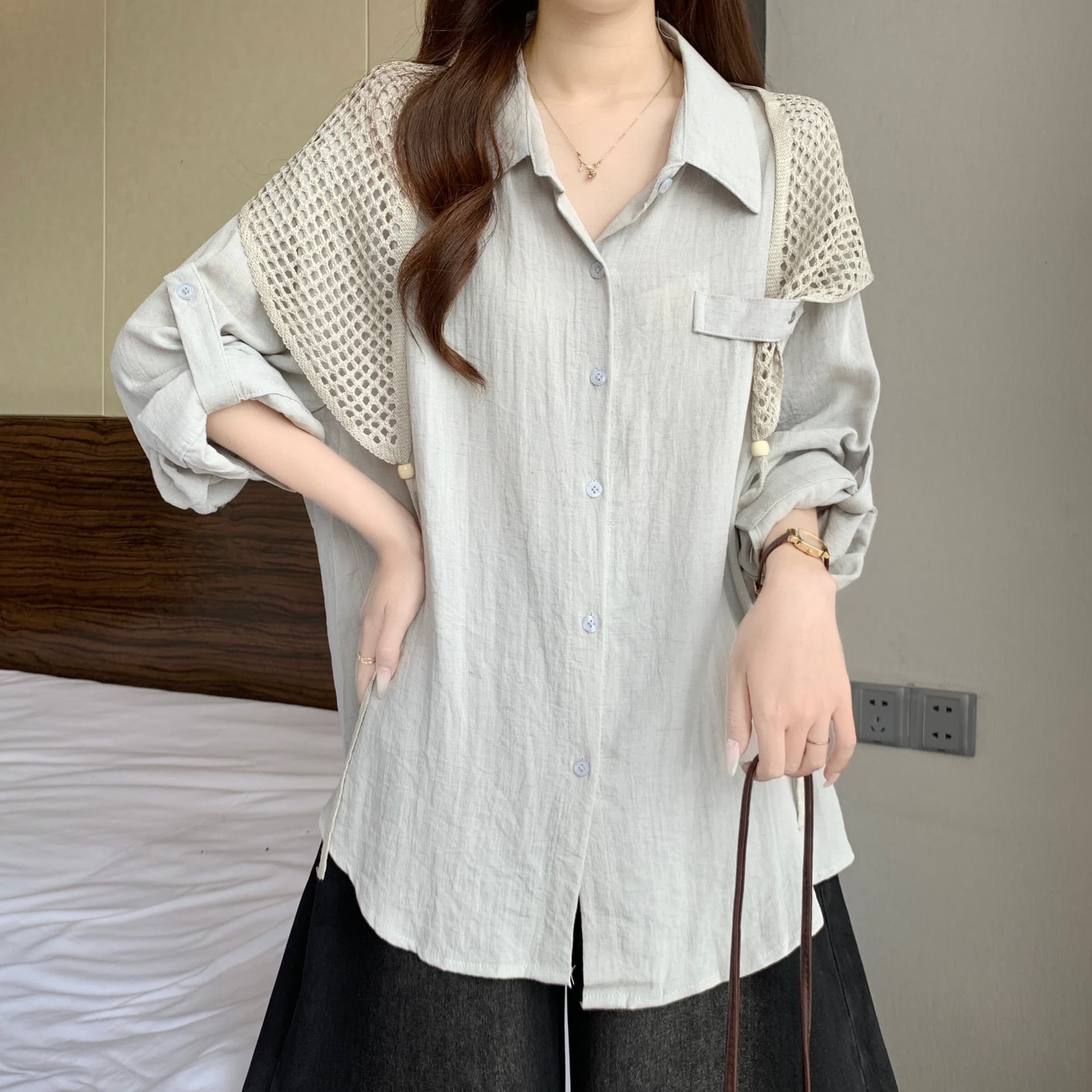 이른 가을 새로운 품격 다용도 POLO 칼라 긍정적 인 어깨 긴팔 셔츠 빅 사이즈 캐주얼 슬림해 보이는 스택 착용 숄 투피스 세트 이미지 4
