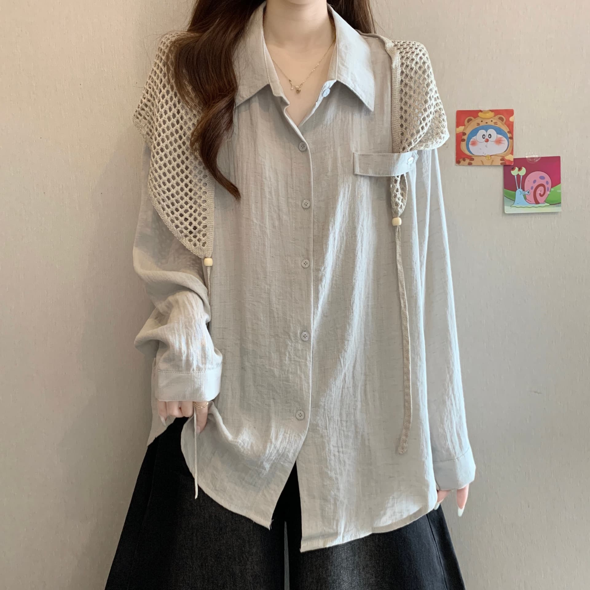이른 가을 새로운 디자인 센스 품격 POLO 칼라 숄 스택 착용 긴팔 셔츠 지방 mm 캐주얼 슬림해 보이는 고유 한 맨위 이미지 5