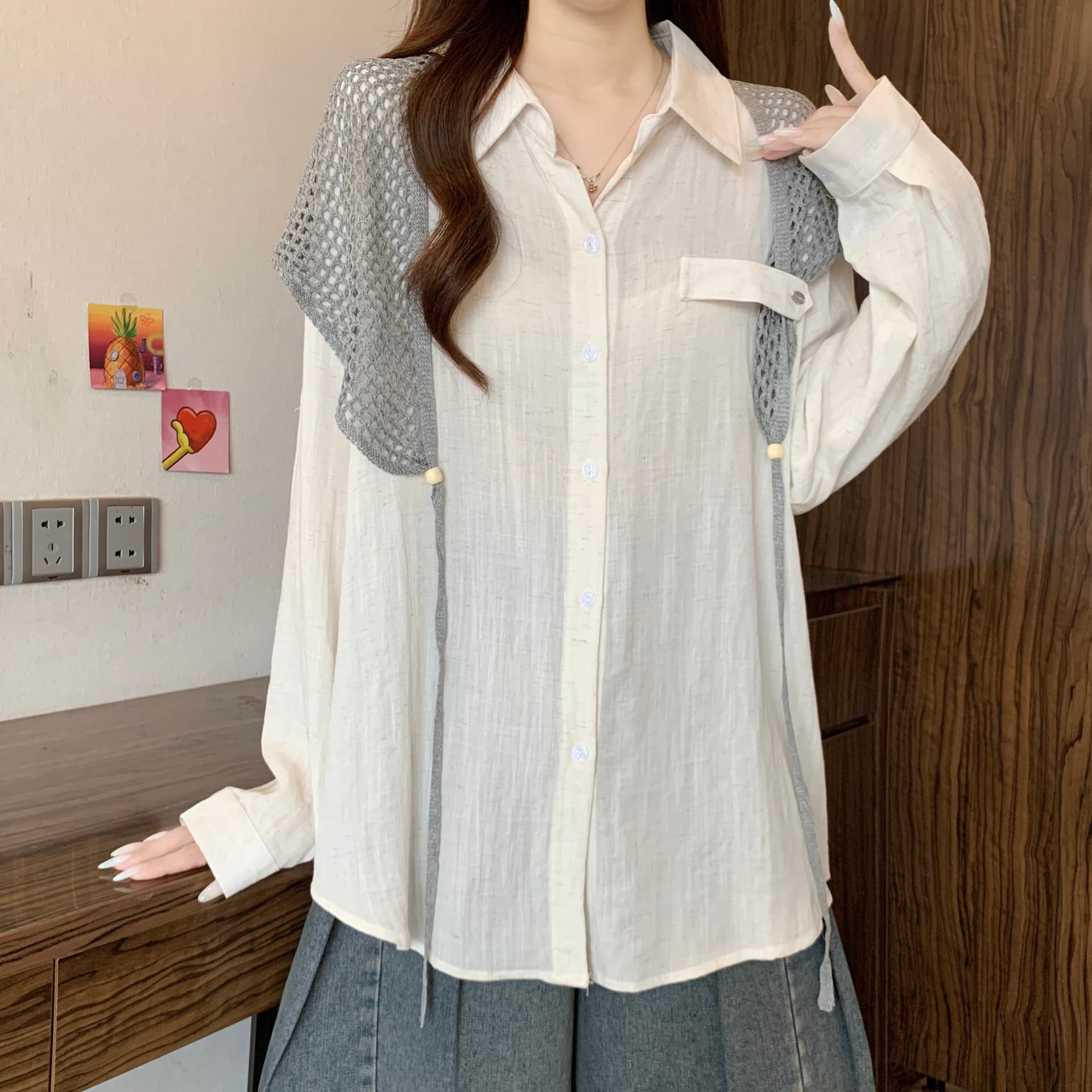 이른 가을 새로운 디자인 센스 품격 POLO 칼라 숄 스택 착용 긴팔 셔츠 지방 mm 캐주얼 슬림해 보이는 고유 한 맨위 상세 이미지 6