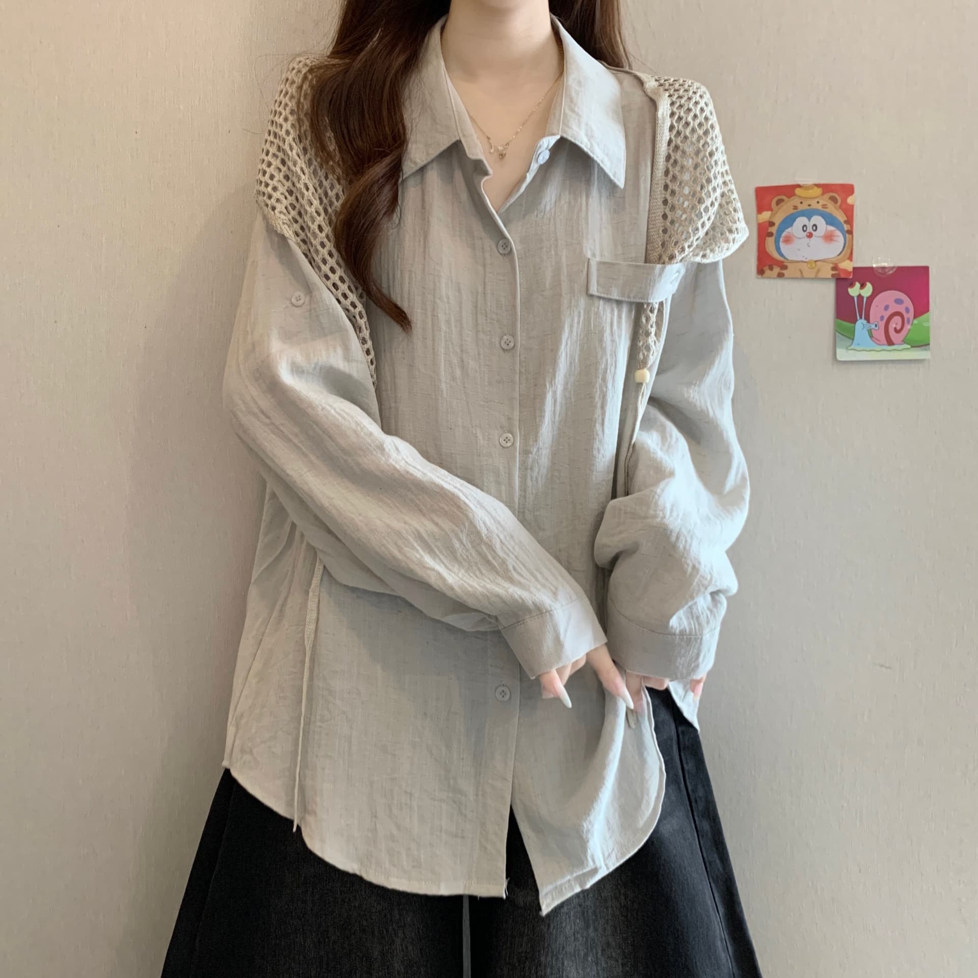 이른 가을 새로운 디자인 센스 품격 POLO 칼라 숄 스택 착용 긴팔 셔츠 지방 mm 캐주얼 슬림해 보이는 고유 한 맨위 상세 이미지 14