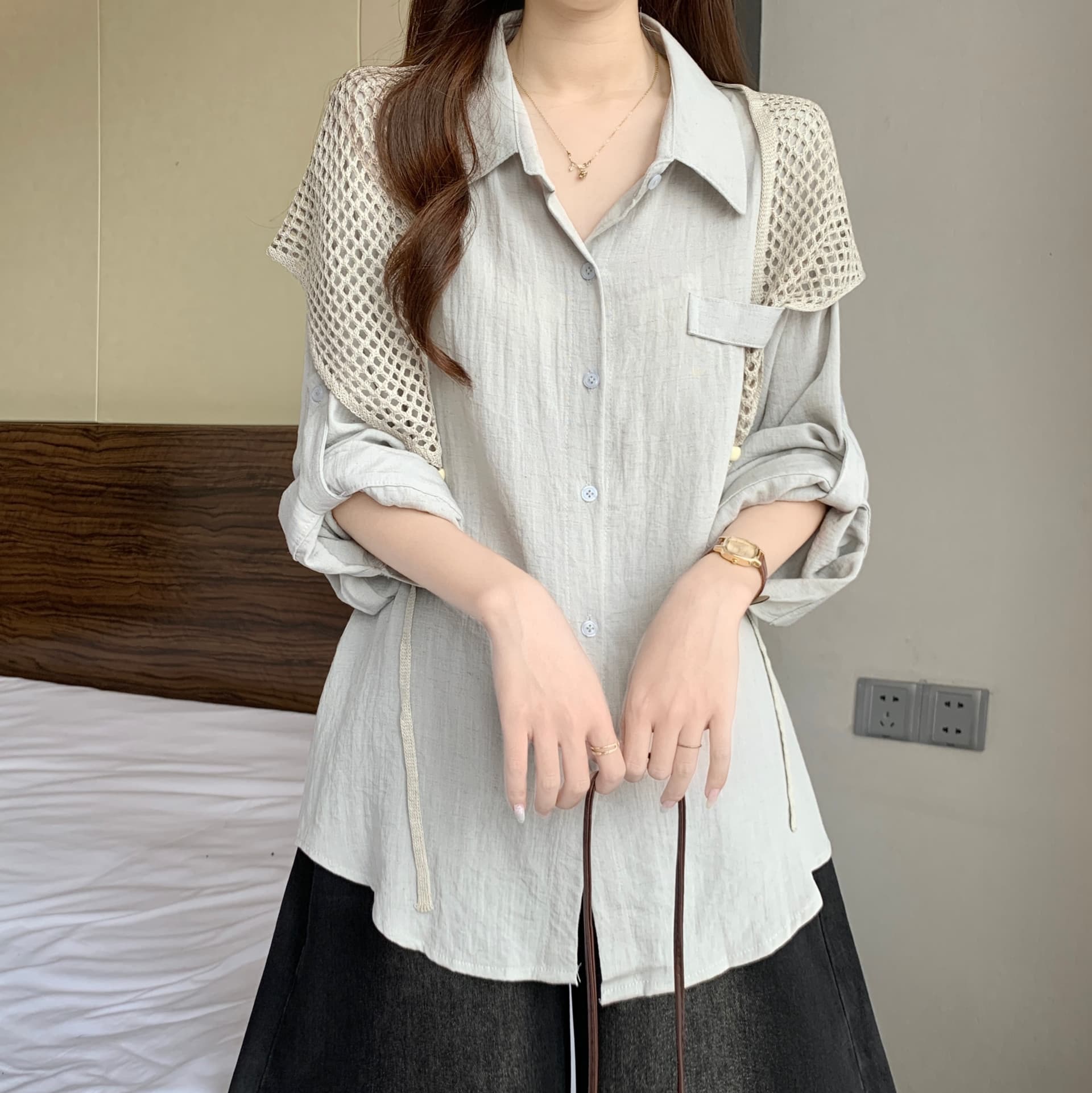 이른 가을 새로운 디자인 센스 품격 POLO 칼라 숄 스택 착용 긴팔 셔츠 지방 mm 캐주얼 슬림해 보이는 고유 한 맨위 상세 이미지 18
