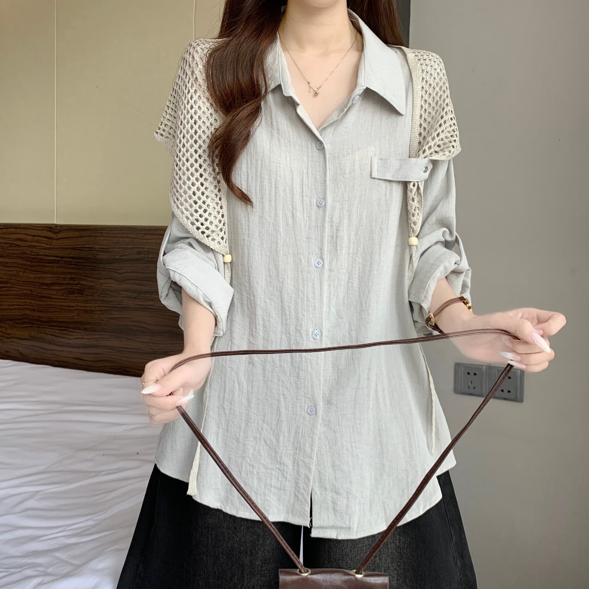이른 가을 새로운 디자인 센스 품격 POLO 칼라 숄 스택 착용 긴팔 셔츠 지방 mm 캐주얼 슬림해 보이는 고유 한 맨위 상세 이미지 19