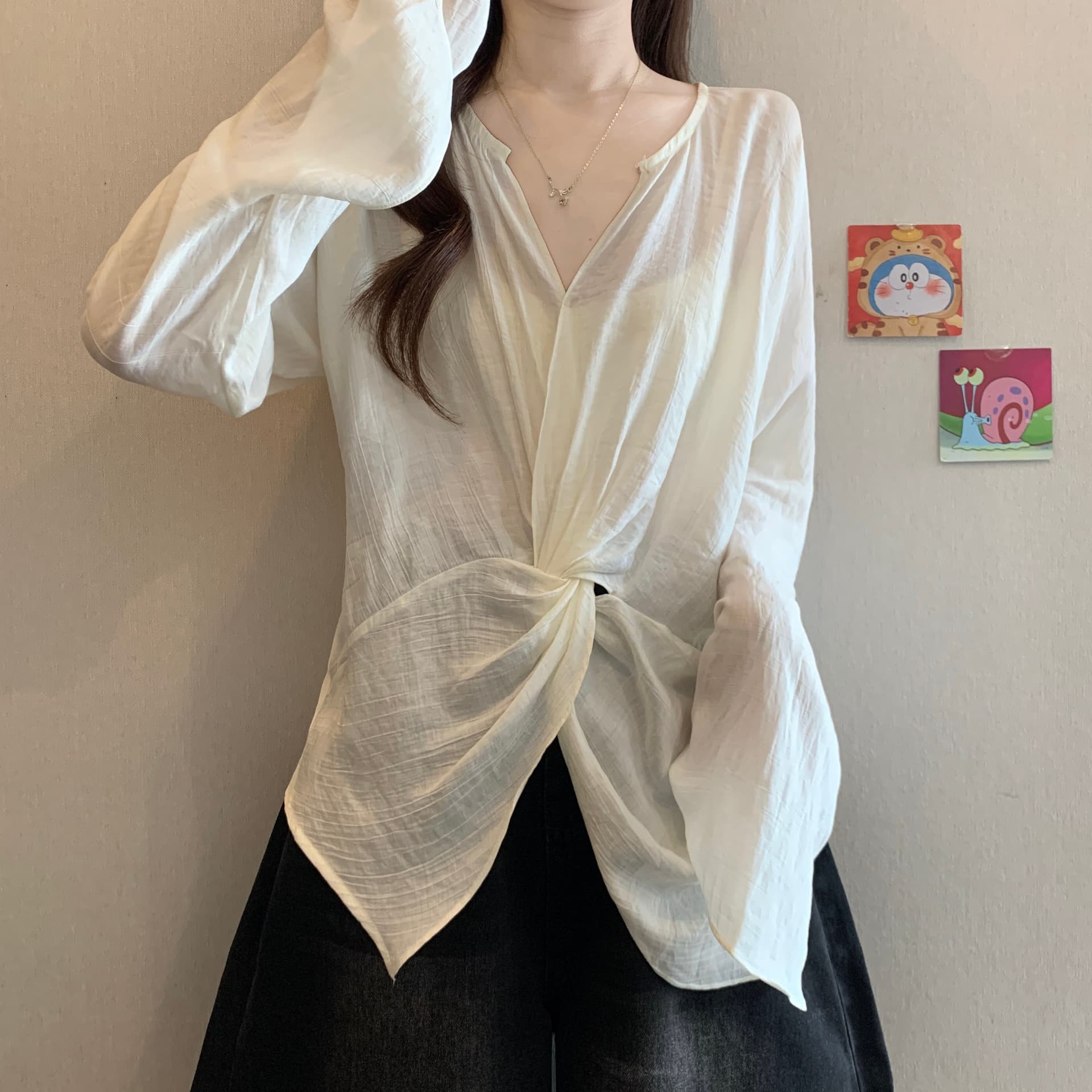 디자인 센스 불규칙 매듭 나팔 소매 긍정적 인 어깨 여성 셔츠 여름 가을 새로운 지방 mm 품격 슬림해 보이는 트임 맨위 상세 이미지 4